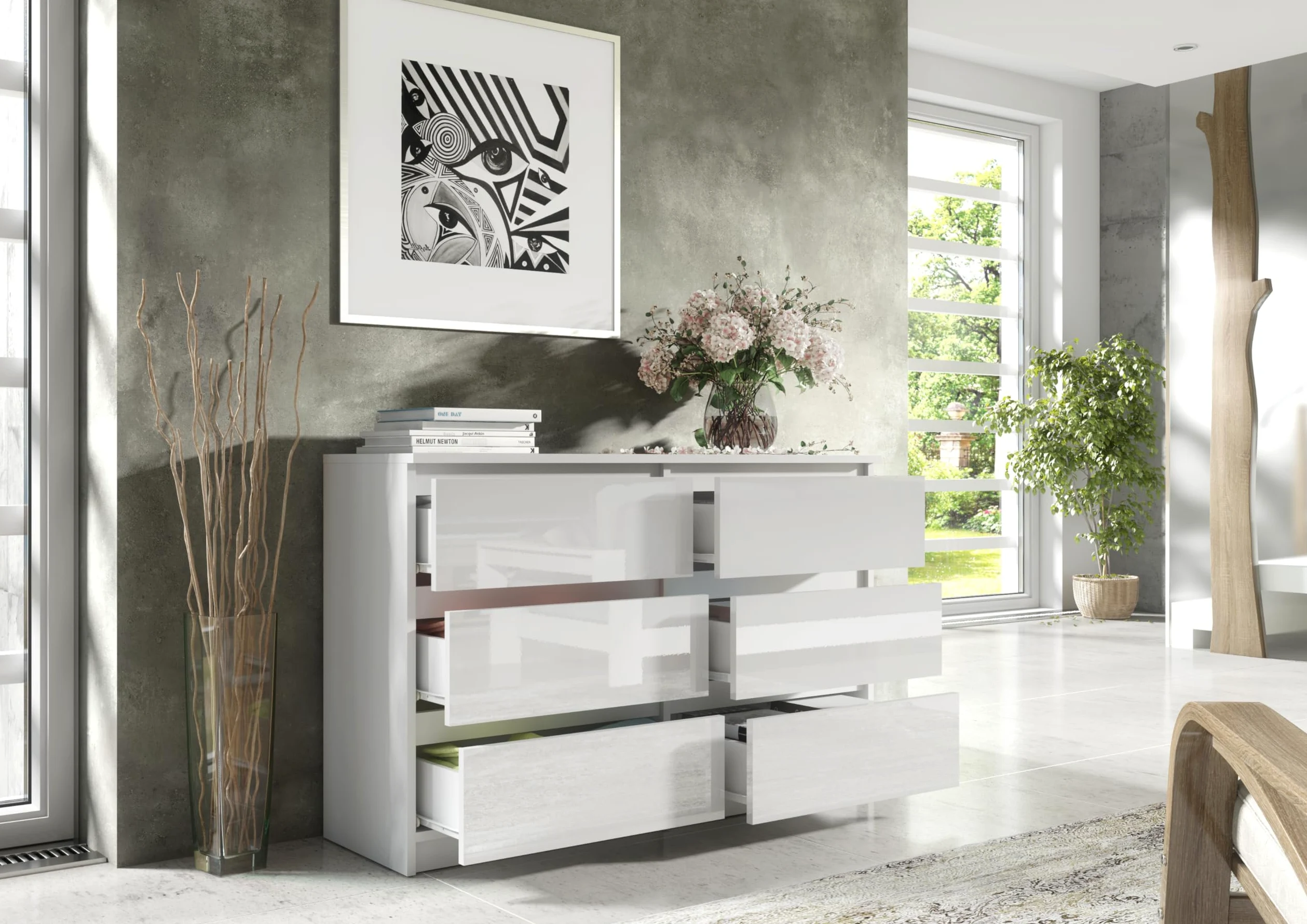 meble masztalerz Cassettiera Camera da Letto con 6 Cassetti - Credenza Soggiorno - Moderna Comò - Cassettiera Alta - Mobiletto con Cassetti - Bianco con Frontale Lucido 120 x 39 x 78,5 cm
