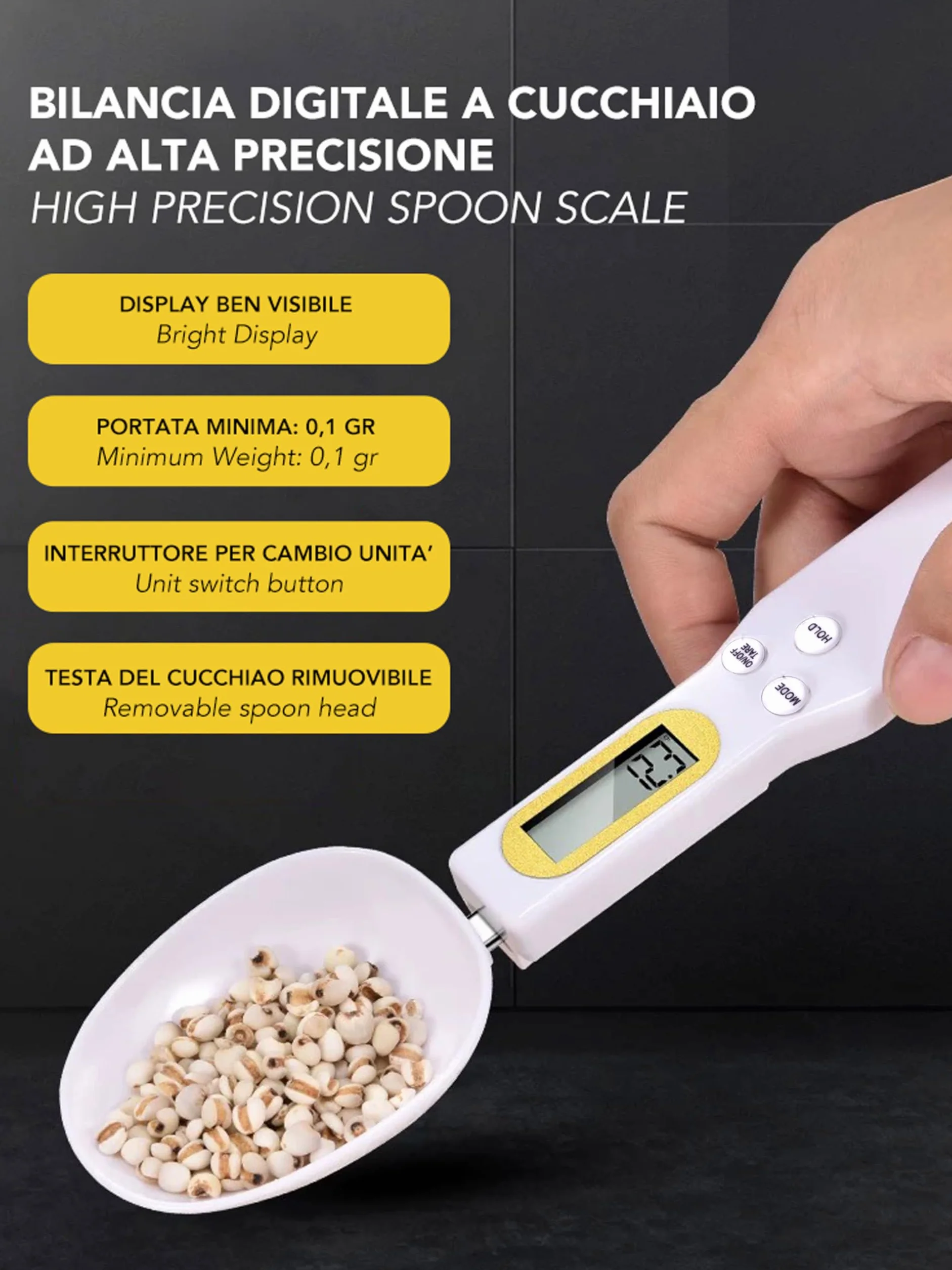 IPEA Cucchiaio Bilancia Digitale per Misurare Peso Alimenti in Cucina - Precisione da 1g a 500g - Bilancia Elettronica con Display - Dosatore per Pesare e Dosare Quantità Piccole di Cibo
