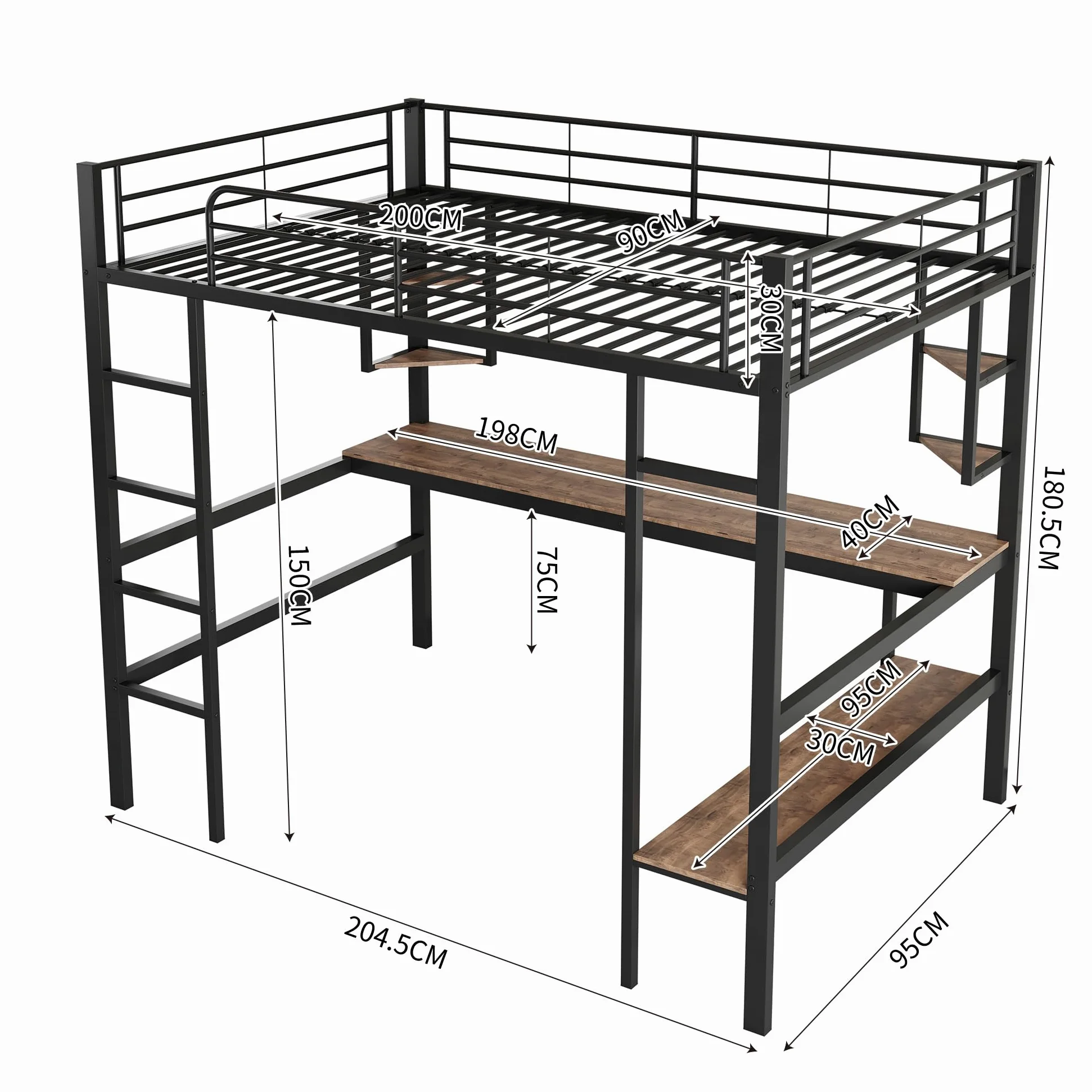 Azkoeesy Letto a soppalco in metallo, 90 x 200 cm, letto alto con scrivania 200 cm, scaffale per libri, per adolescenti e adulti, colore nero (90 x 200 cm)