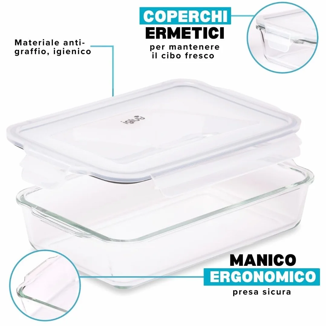 Igluu Meal Prep Teglie in Vetro per Lasagne con Coperchi (Set da 3) – Ermetiche e Senza BPA – Forno, Microonde, Freezer e Lavastoviglie – 2,2 L – Vetro Borosilicato