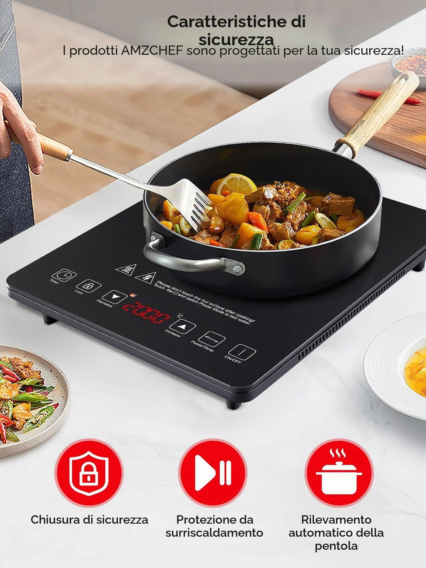 AMZCHEF Piastra a Induzione Singolo da 2000 W con 20 Livelli di Potenza e di Temperatura, Controllo Sensore Tattile, Blocco di Sicurezza, timer
