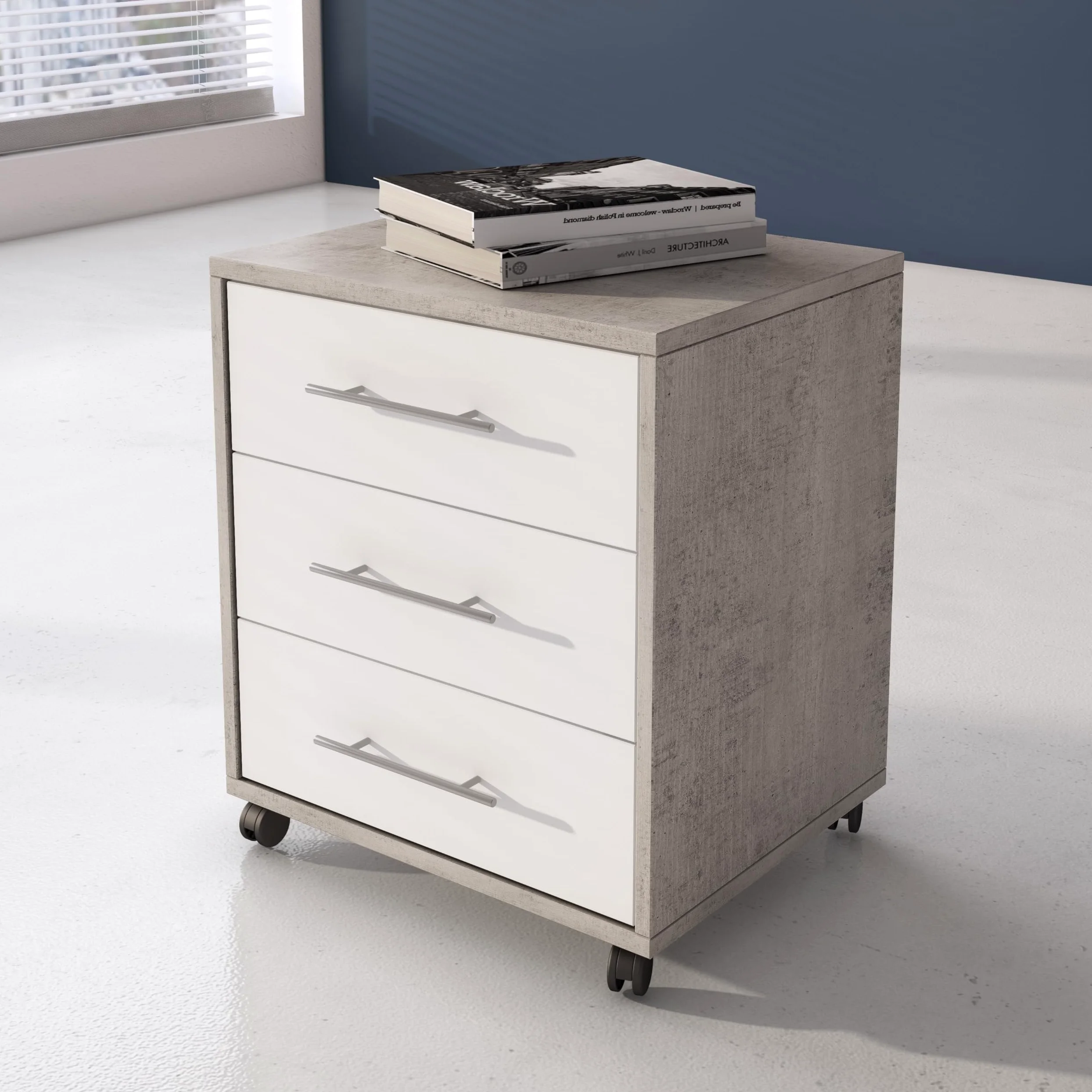 Arreditaly Set Ufficio Completo Con 2 Scrivanie 1 Modulo Ad Angolo 1 Cassettiera Con Ruote 2 Armadi Alto e Basso 2 Librerie Alta E Bassa Finitura Bianco Frassinato E Grigio Cemento