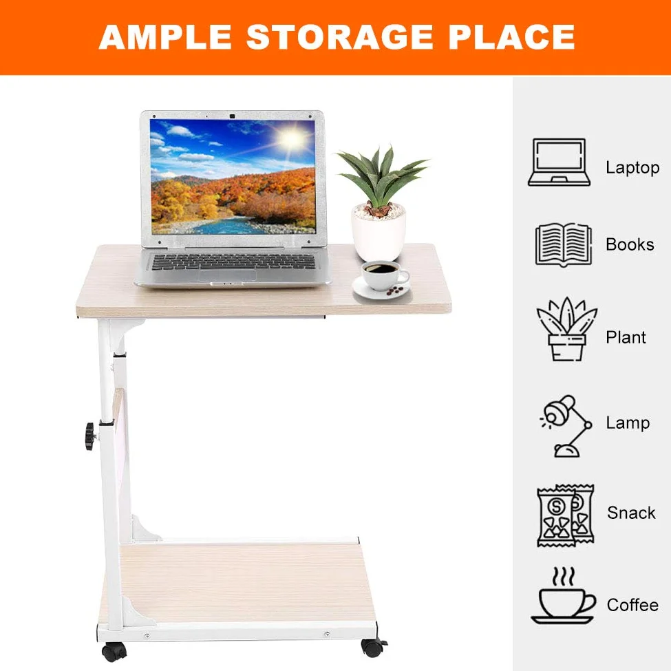 Ejoyous Tavolo Porta Laptop su Ruote, tavolino mobile per divano con divisorio di stoccaggio Comodino da caffè regolabile in altezza per soggiorno Camera da letto Ufficio ospedale(Acero bianco)