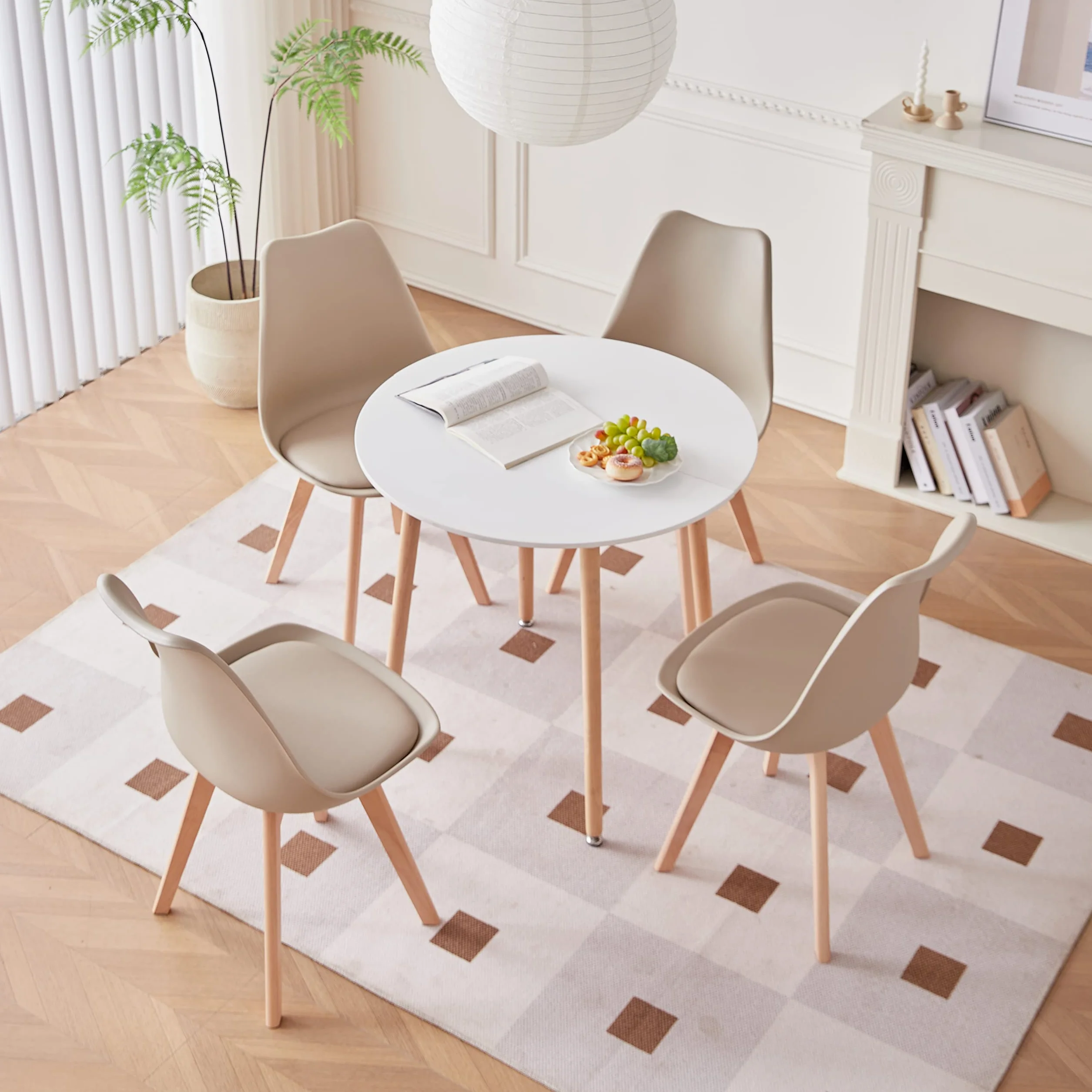 GrandCA HOME Tavolo da Pranzo e 4 Sedie da Pranzo Set da Pranzo Moderno, Struttura di Giunzione Tavolo Rotondo da Tavolo e Sedie da Cucina Beige