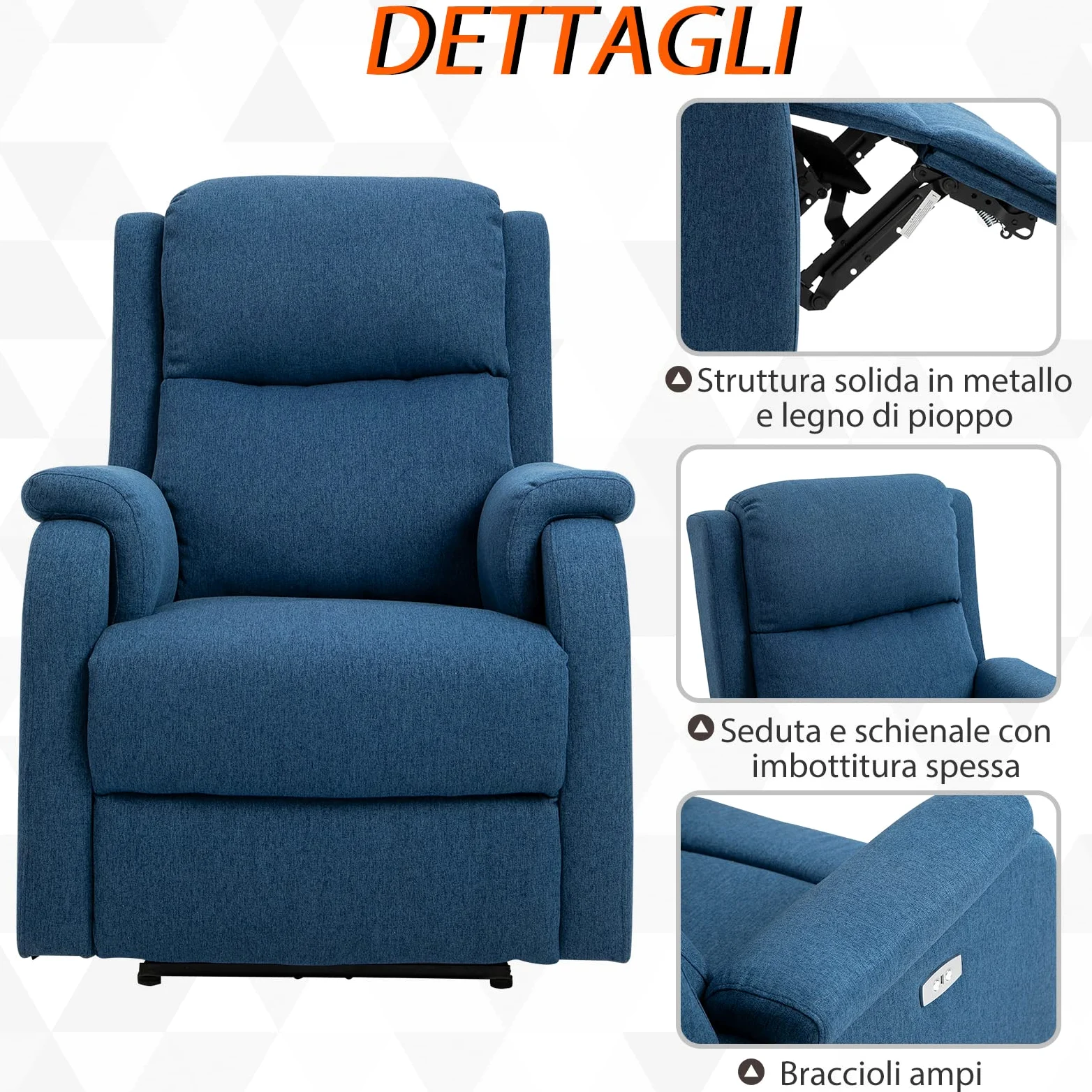 HOMCOM Poltrona Relax Elettrica con Poggiapiedi e Presa USB, Poltrona Reclinabile Elettrica 160° in Tessuto effetto Lino, Legno di Pioppo per Soggiorno, Salotto e Camera da Letto, Blu