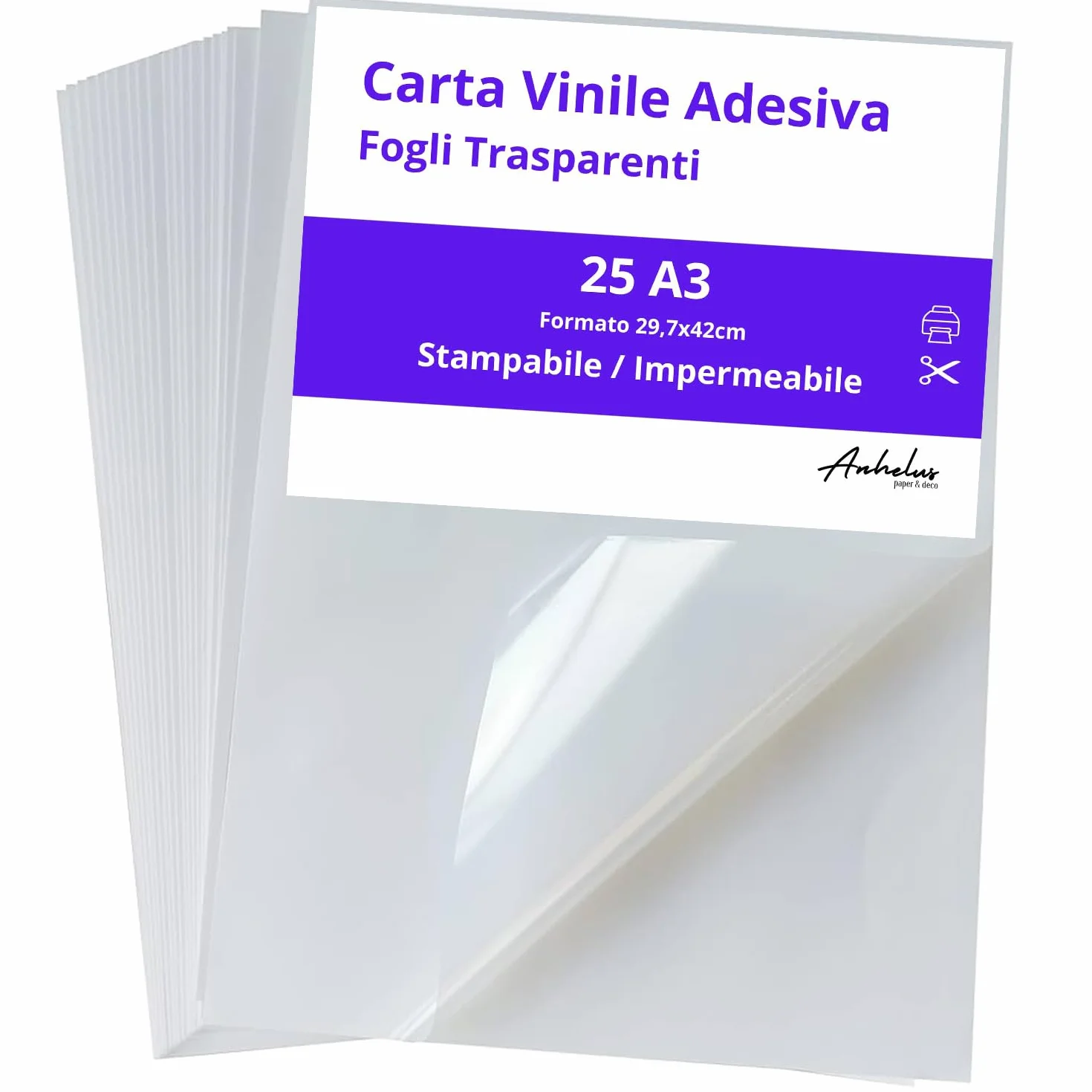 Vinile adesivo trasparente A3 25 fogli per stampanti inkjet laser