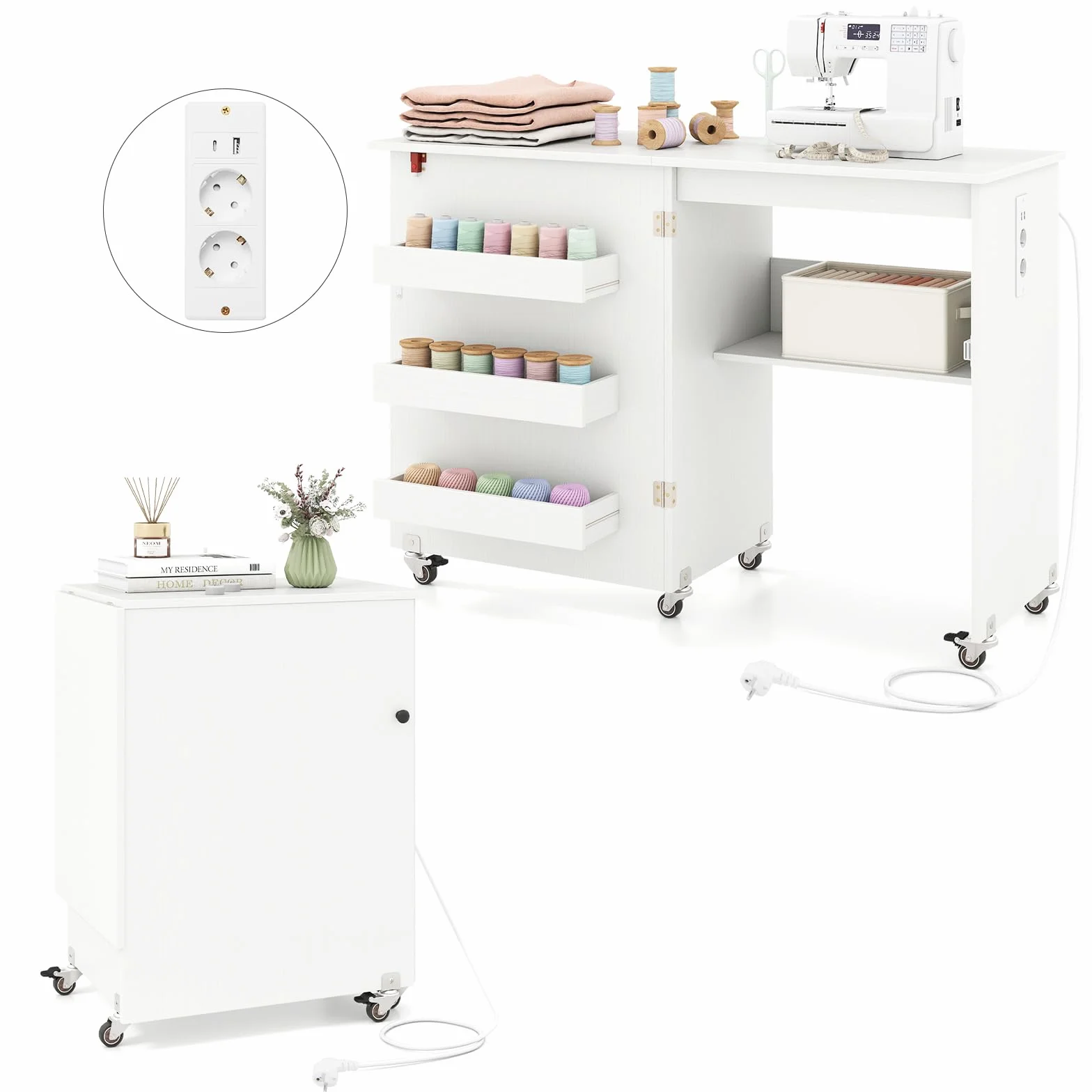 GIANTEX Tavolo da Cucito Pieghevole, Tavolino da Cucito con 5 Ruote, Mobile per Macchina da Cucire, Ampia Piano di Lavoro, 3 Vassoi Portaoggetti e Ripiano Aperto, con Stazione di Ricarica (Bianco)