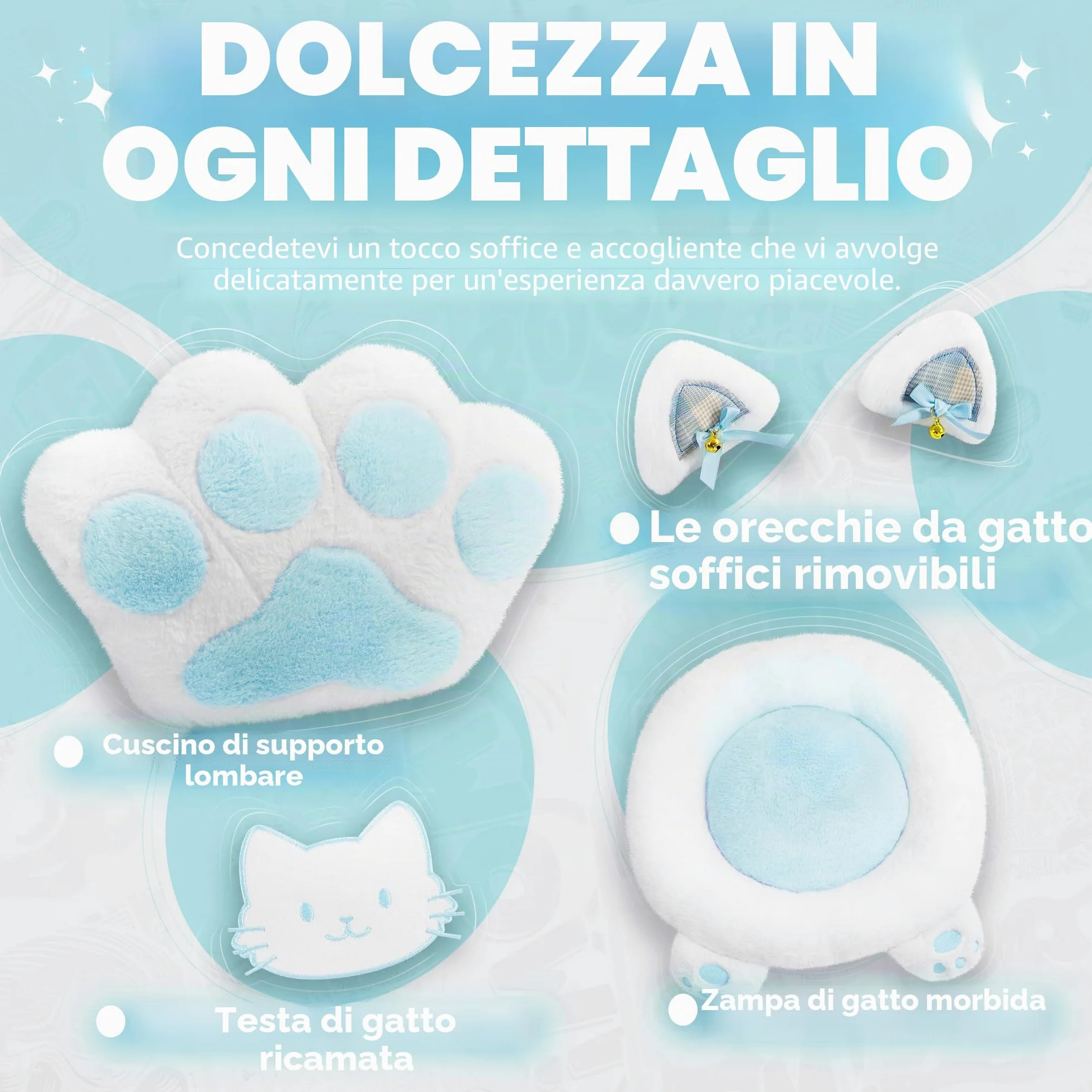 Gatto Sedia Gaming con Poggiapiedi, Cuscino Lombare e Orecchie di Gatto, Sedia da Gaming Ergonomica in Velluto, con Poggiapiedi, per Donne, Adulti e Adolescenti, Blu e Bianco