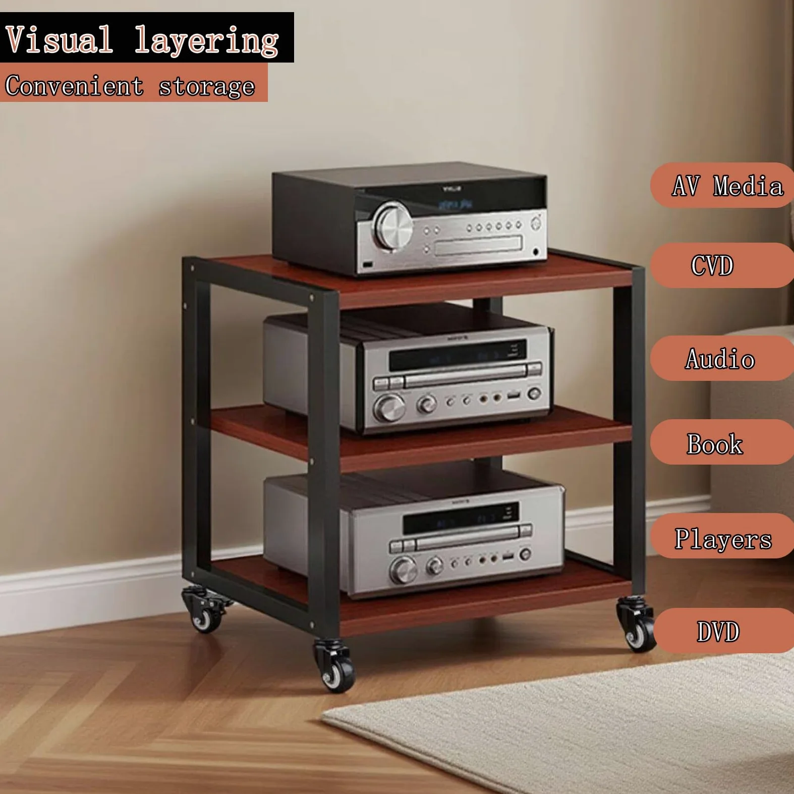 Scaffale a 3/4/5Rack e supporti HiFi Audio Rack, scaffale audio in legno e metallo, portata 200 kg, porta-multimedia con ripiani regolabili, per soggiorno, sala giochi, centro di intrattenimento (3YM)