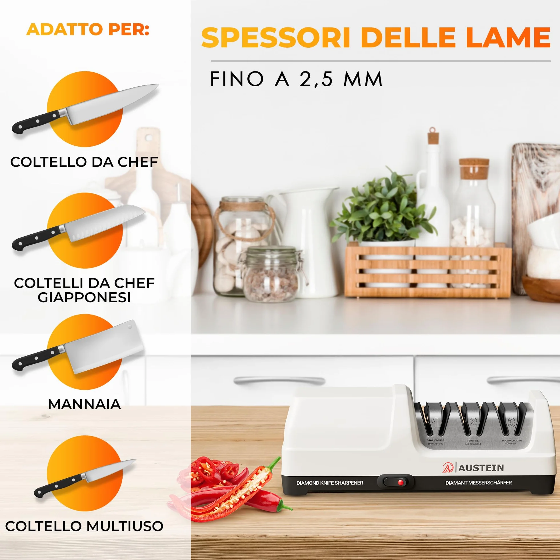 AUSTEIN Affilacoltelli Elettrico Professionale TG2202 Diamante Mole Monocristalline Motore Silenzioso