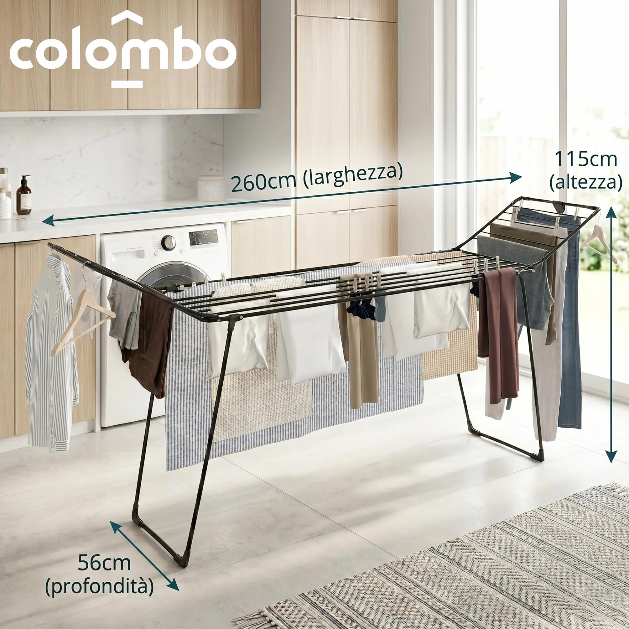 Colombo Stendibiancheria Estensibile Brooklyn XXL 195-260 cm Acciaio Antiruggine Stenditura 25m