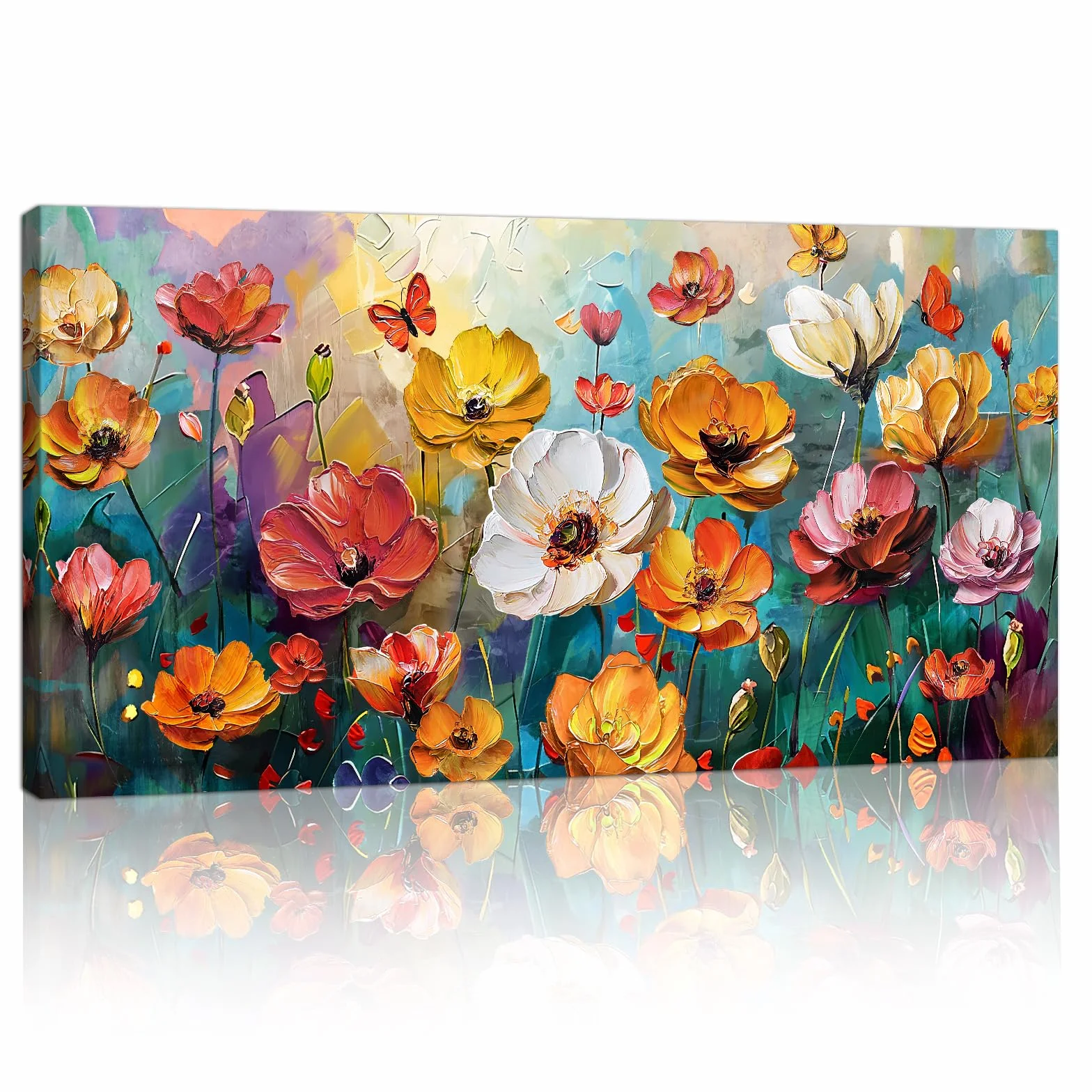 Grande Quadri su Tela Con Cornice, Fiori Vintage Colorati Quadro Tela Moderni Rosso Arancio Fiori Stampa su tela Poster Pittura Soggiorno Camera da letto ristorante Decorazione Murale Quadro 100x50cm