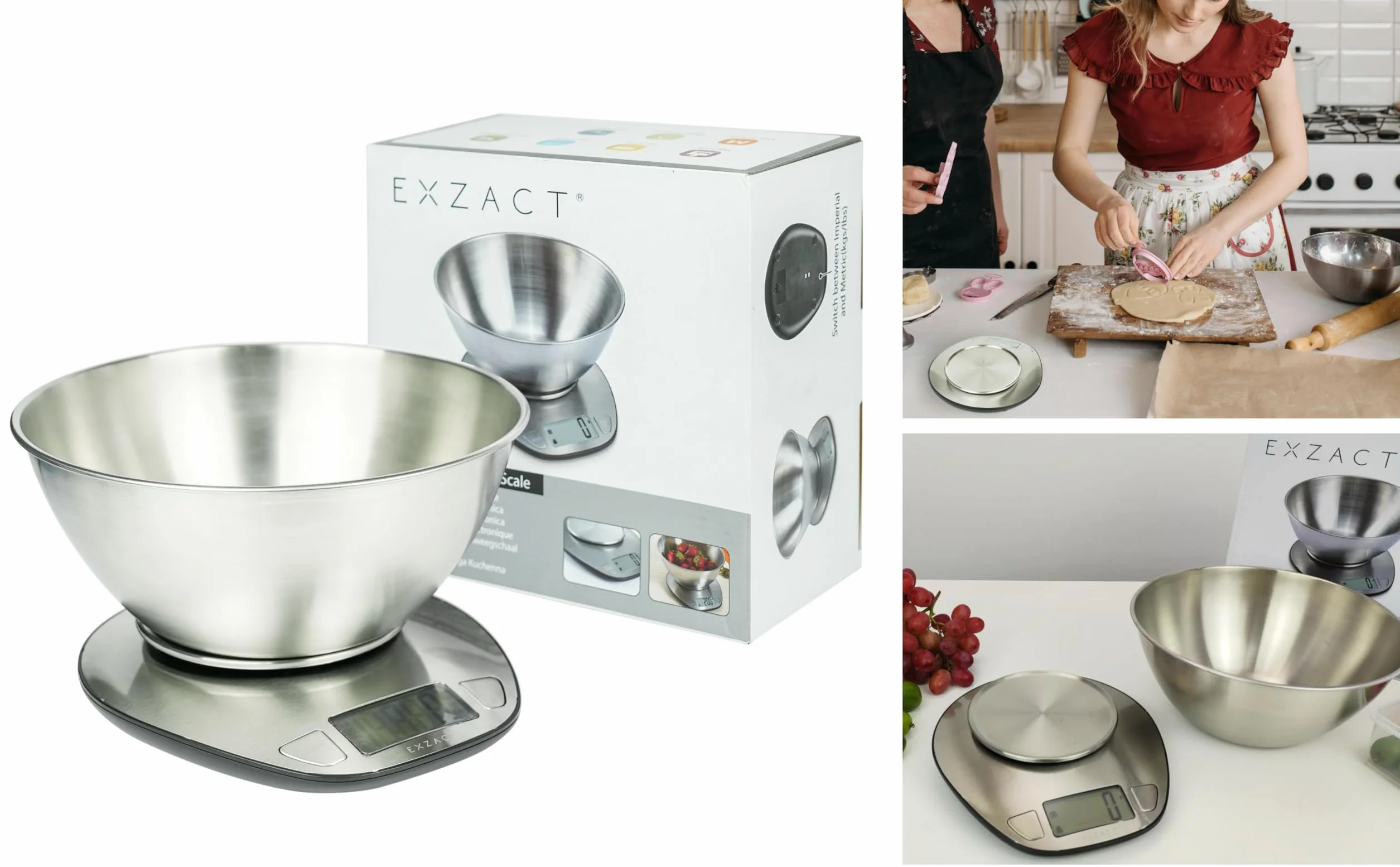 Exzact Bilancia da cucina digitale in acciaio inossidabile - Bilancia con Ciotola Rimovibile - Funzione Tara - Max Capacità 5 kgs - Bilancia da Cucina Elettronica