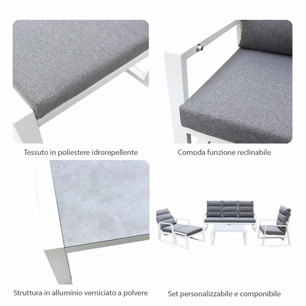 Salottino Lounge in alluminio MIKONOS PLUS bianco/grigio | Lounge da giardino con divano, tavolo, 2 poltrone e cuscini | Set di mobili da giardino in metallo da 5 persone