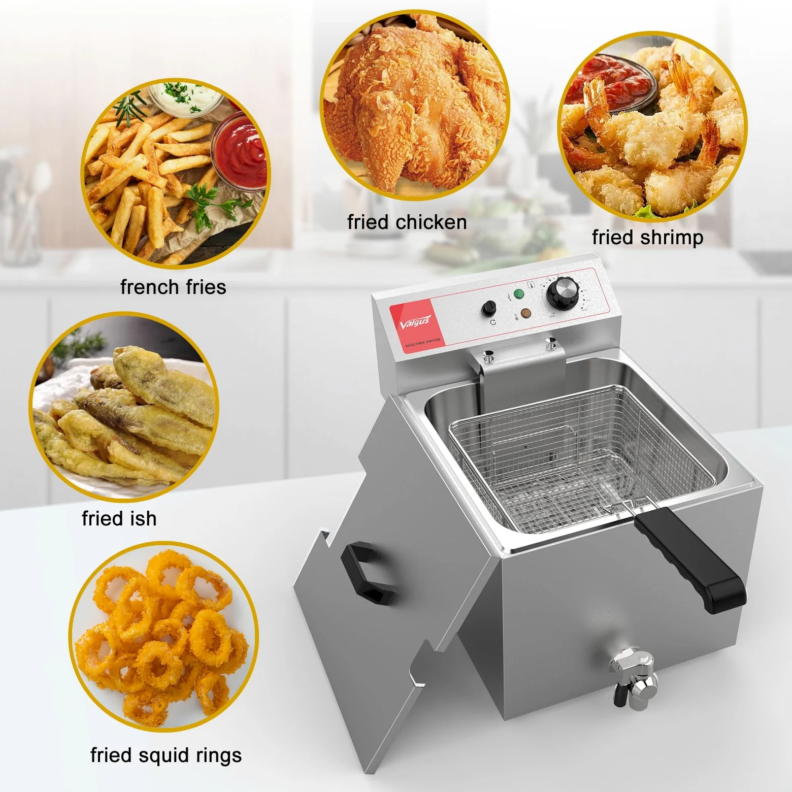 Valgus Friggitrice Elettrica Professionale in acciaio inox 3300W 16L Friggitrice da banco di grande capacità con cestello e coperchio, sistema di drenaggio