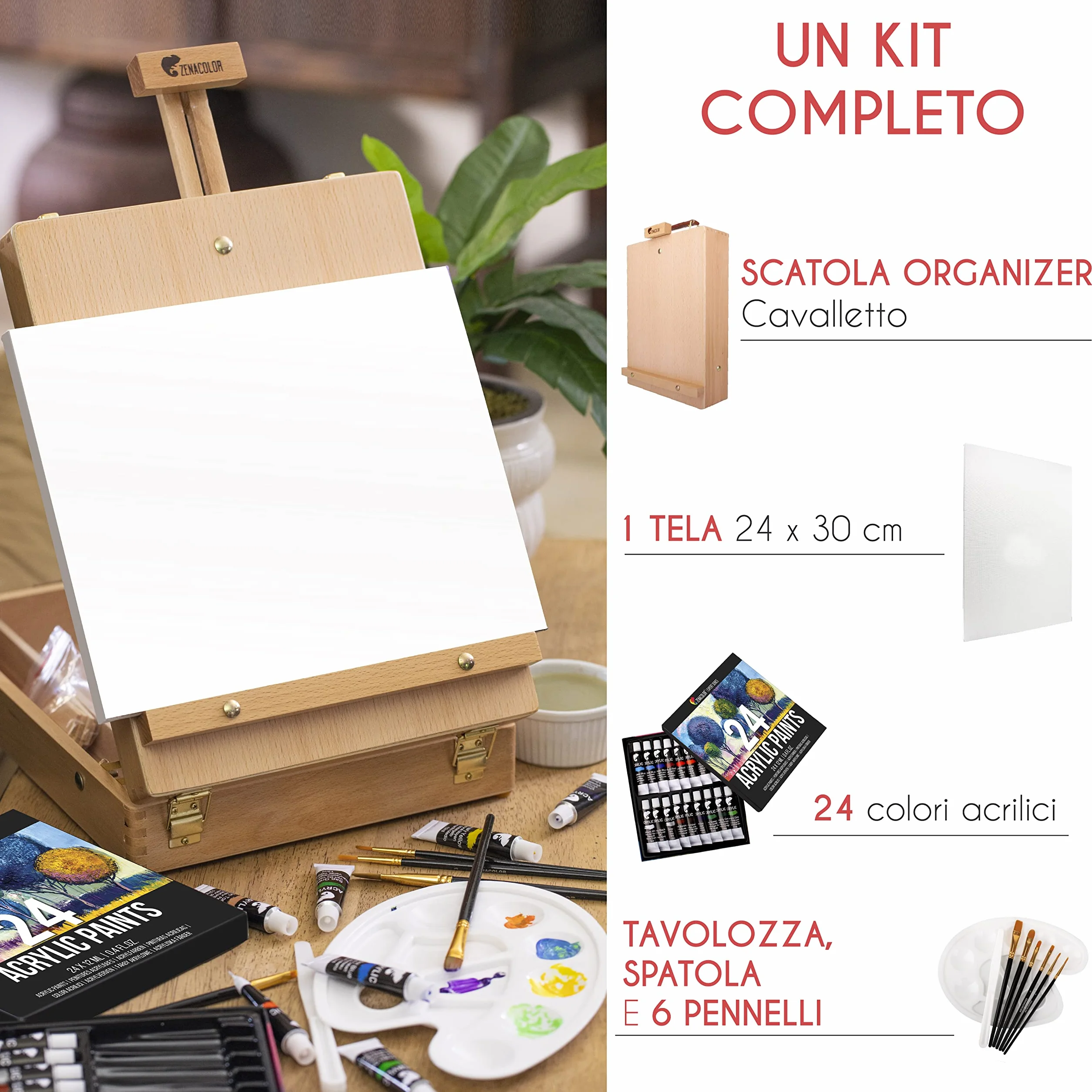 Cavalletto Pittura da Tavolo in Legno di Faggio con Set di 34 Pezzi – 24 Colori Acrilici, 6 Pennelli, Tela 24x30cm, Spatola e Tavolozza per Pittura – Kit Completo per Artisti