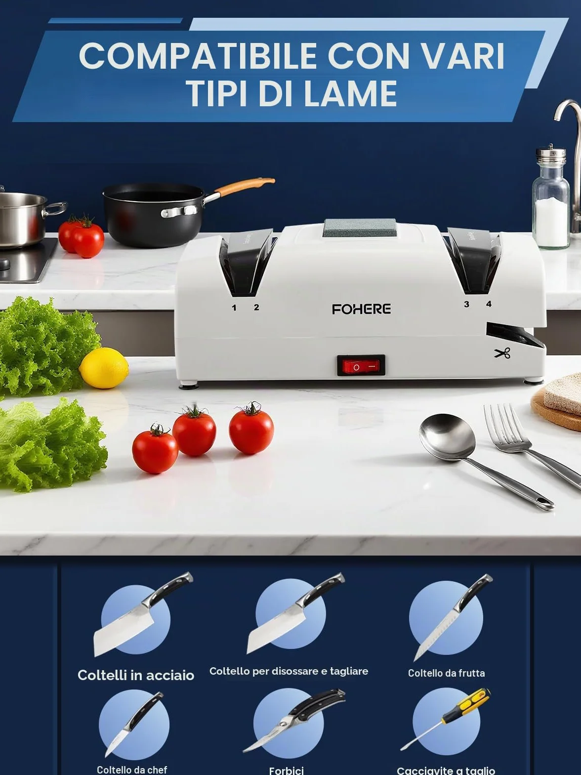 FOHERE Affilacoltelli Elettrico Professionale 5 in 1, 2 Raccoglitrucioli Magnetici, Abrasivi Diamantati per Coltelli da Cucina e Forbici