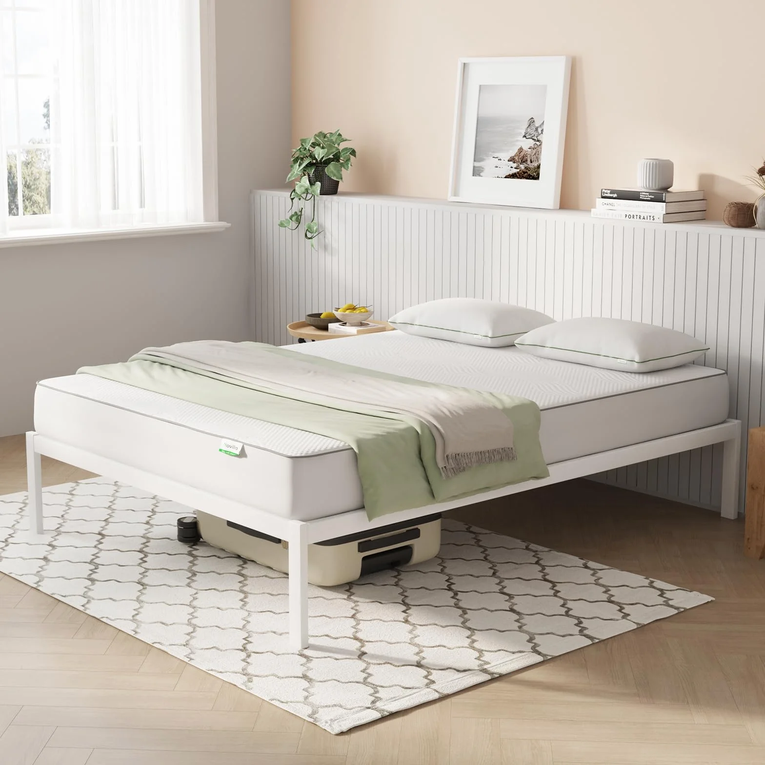Novilla Rete Letto Matrimoniale 160x190 Struttura Letto a Doghe in Legno, Spazio di Archiviazione Sotto al Letto, Facile da Montare, Perfetto per Tutti Tipi di Letti e Materassi, Bianco