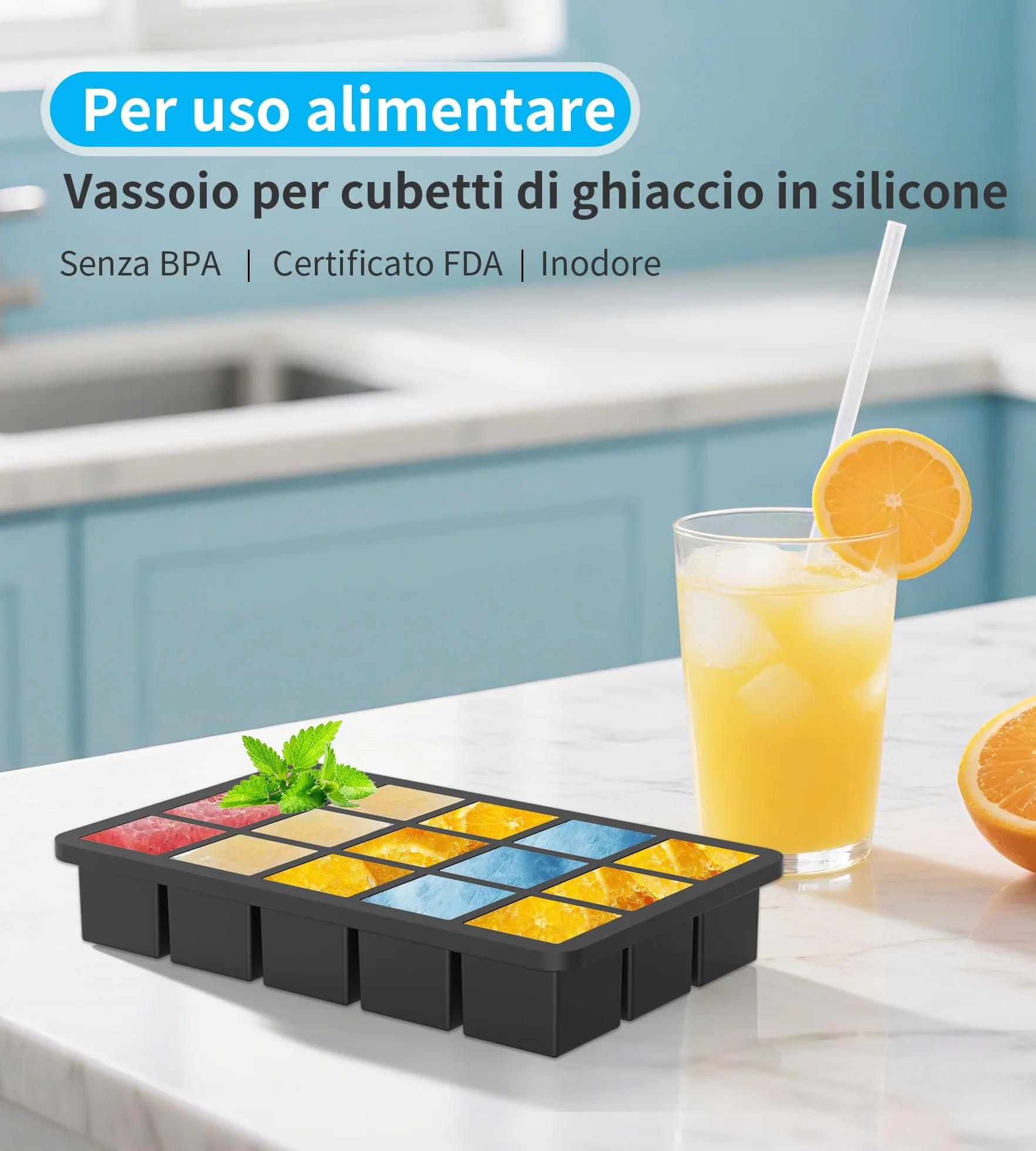 Ankway Stampo per cubetti di ghiaccio in silicone, 30 scomparti da 3 cm, senza BPA, confezione da 2
