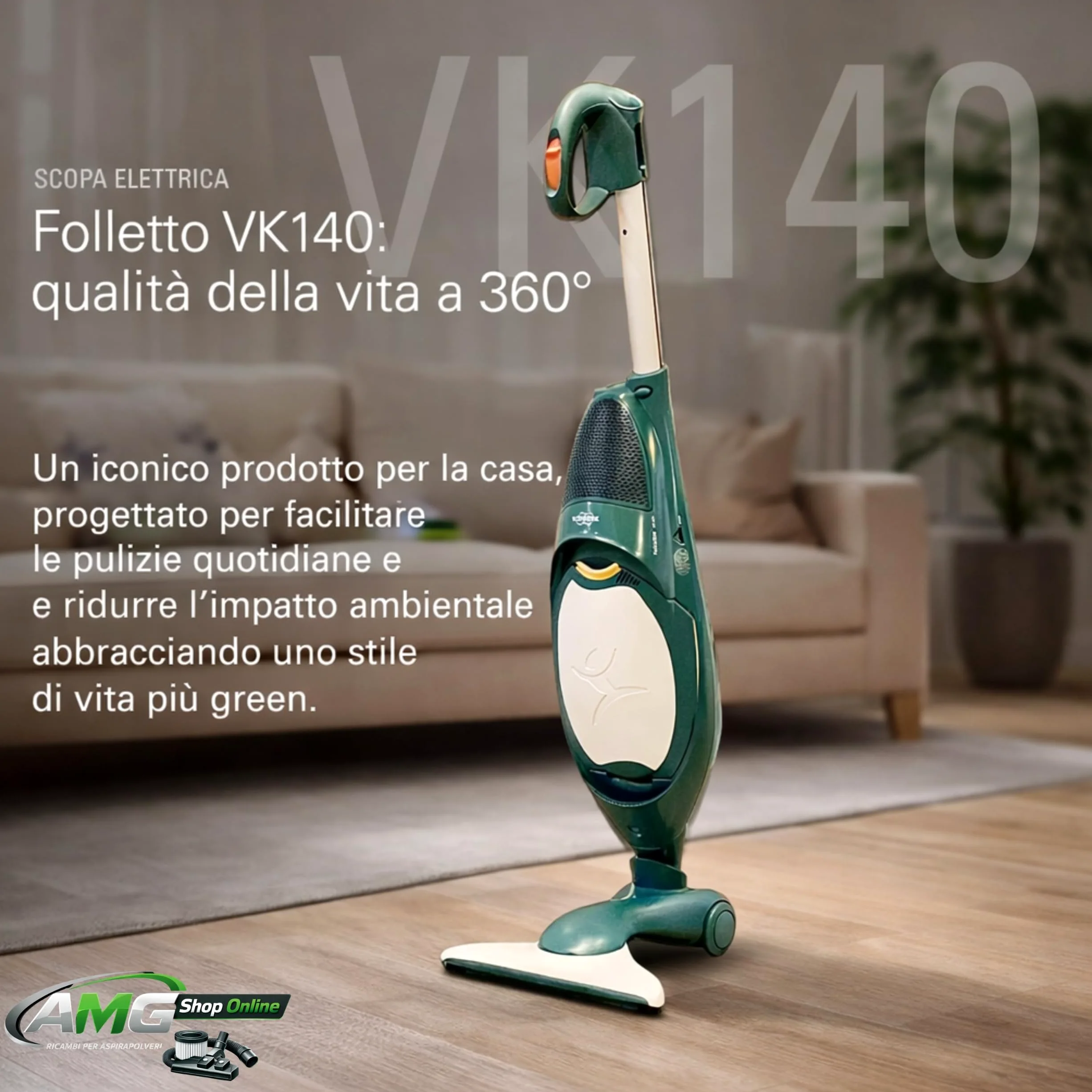 Aspirapolvere VK140 FOLLETTO + Spazzola HD40 + 6 Sacchetti, Sacco 2,5L, Filtri e Profumini Inclusi, Motore Originale, 74 dBA, 3 kg, Garanzia 2 Anni
