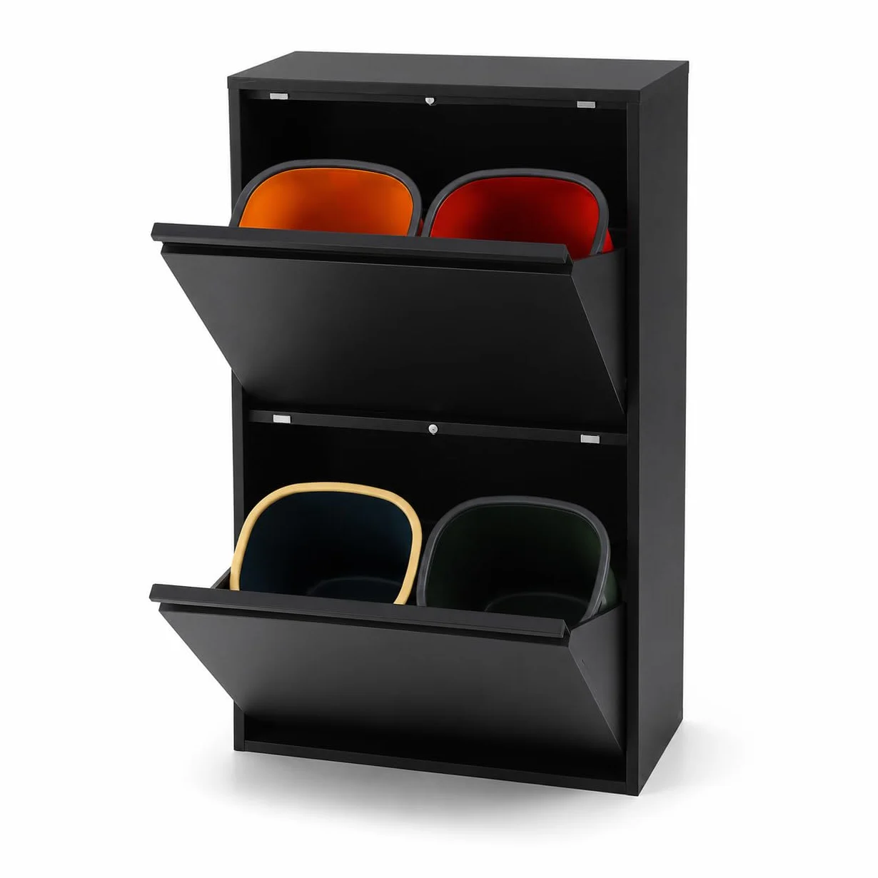 Sistema di raccolta differenziata con 4 contenitori da 15 l, pattumiera da cucina con armadio (nero) | 56 x 24,5 x 91 cm, acciaio laminato a freddo, 4 contenitori da 15 l, montaggio a parete, per cucina, ufficio, commercio