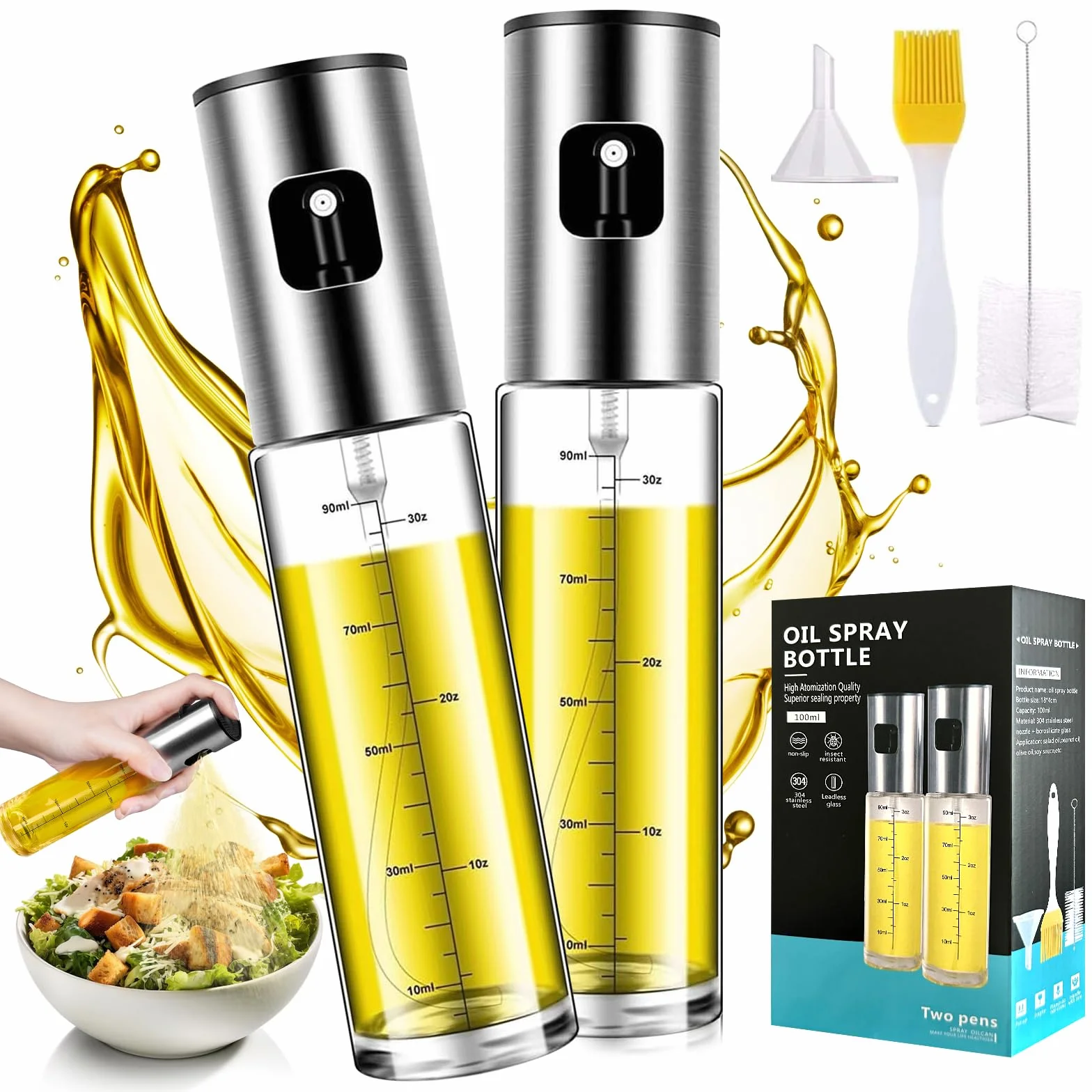 Nebulizzatore Olio 100 ML Acciaio Inossidabile Vetro 2 Pezzi Oliera Spray per Cucina