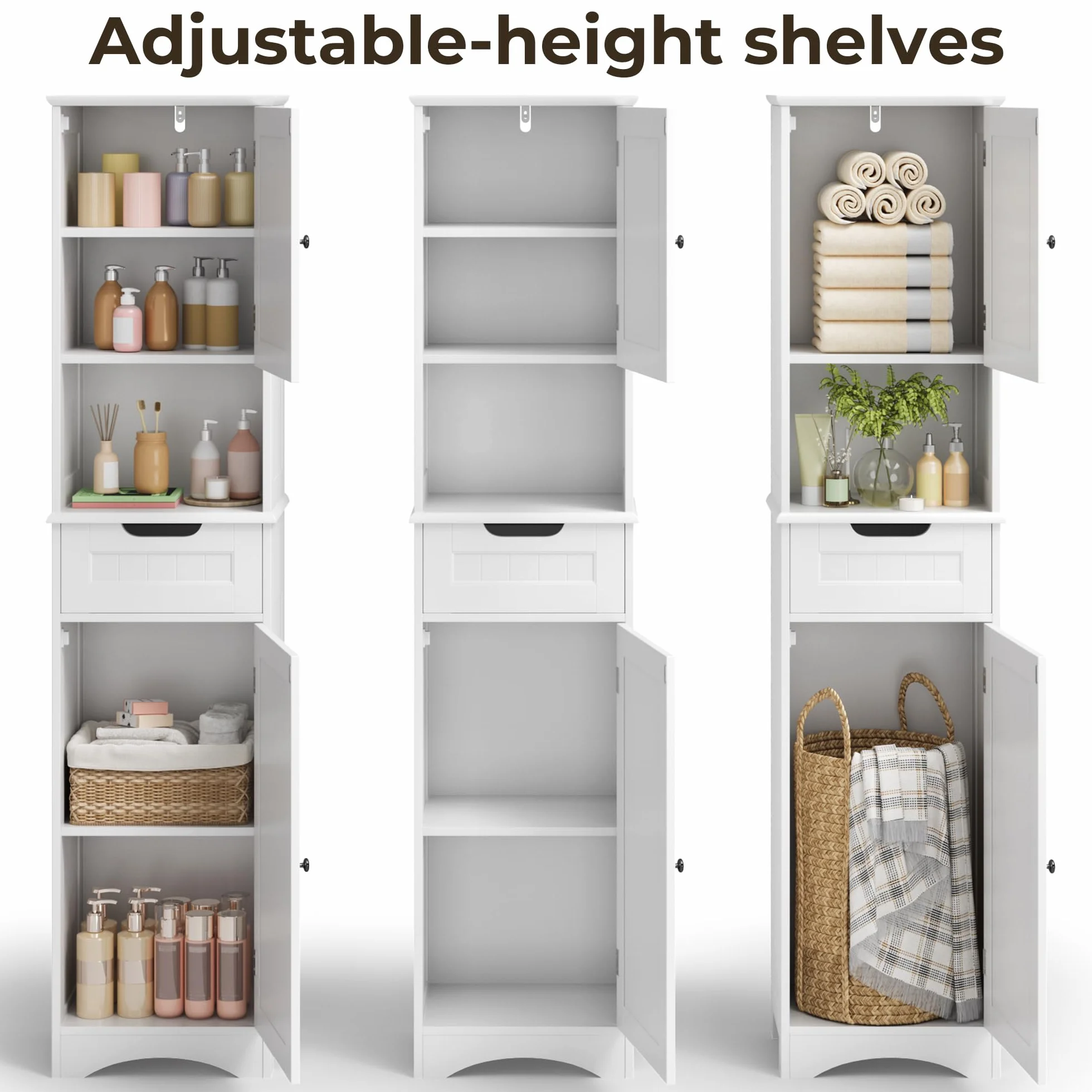 Mobiletto da Bagno Alto con Ripiani Regolabili, Cassetto, Scomparto Aperto, Porte Magnetiche e Protezione Antiribaltamento – 170 x 40 x 30 cm (Bianco)