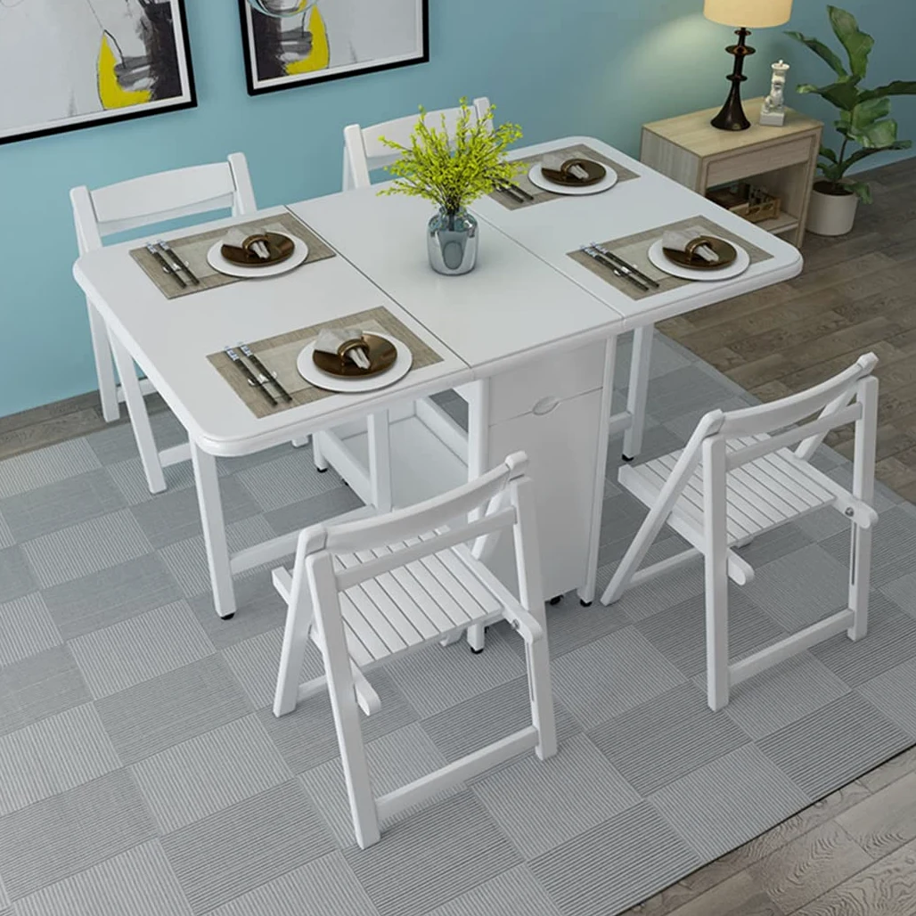 Tavolo e sedia in legno massello, pieghevole, 1,3 m, tavolino con sedia, spazio di archiviazione (1,3 x 0,9 m), tavolo + sedia x 4,bianco)