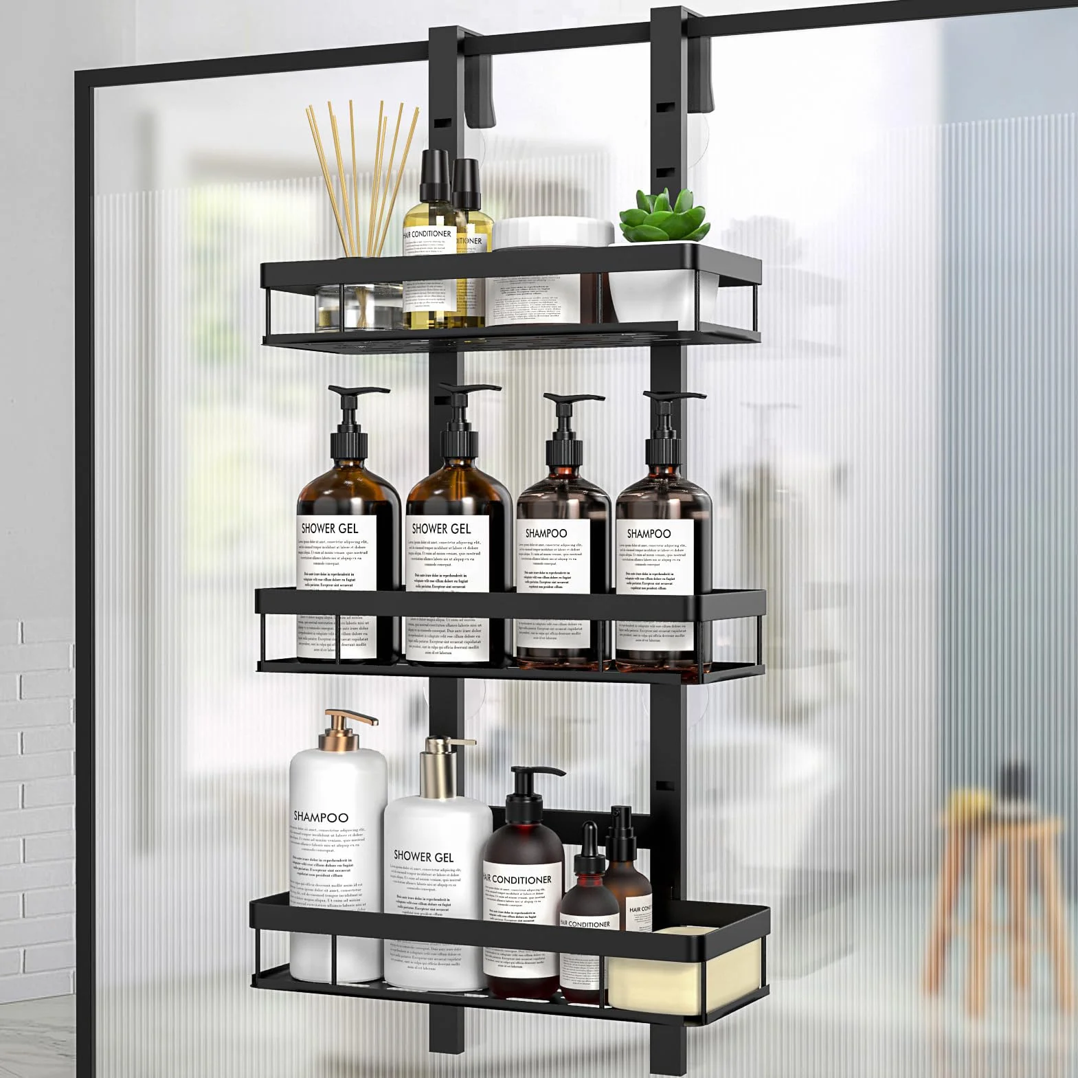 Mensola Doccia Senza Foratura Porta Shampoo Bagno Appendere Nero 3 Livelli