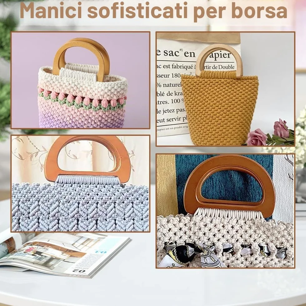 4 Pezzi Manici per Borsa in Legno a Forma di D, Accessori Fai Da Te Uncinetto