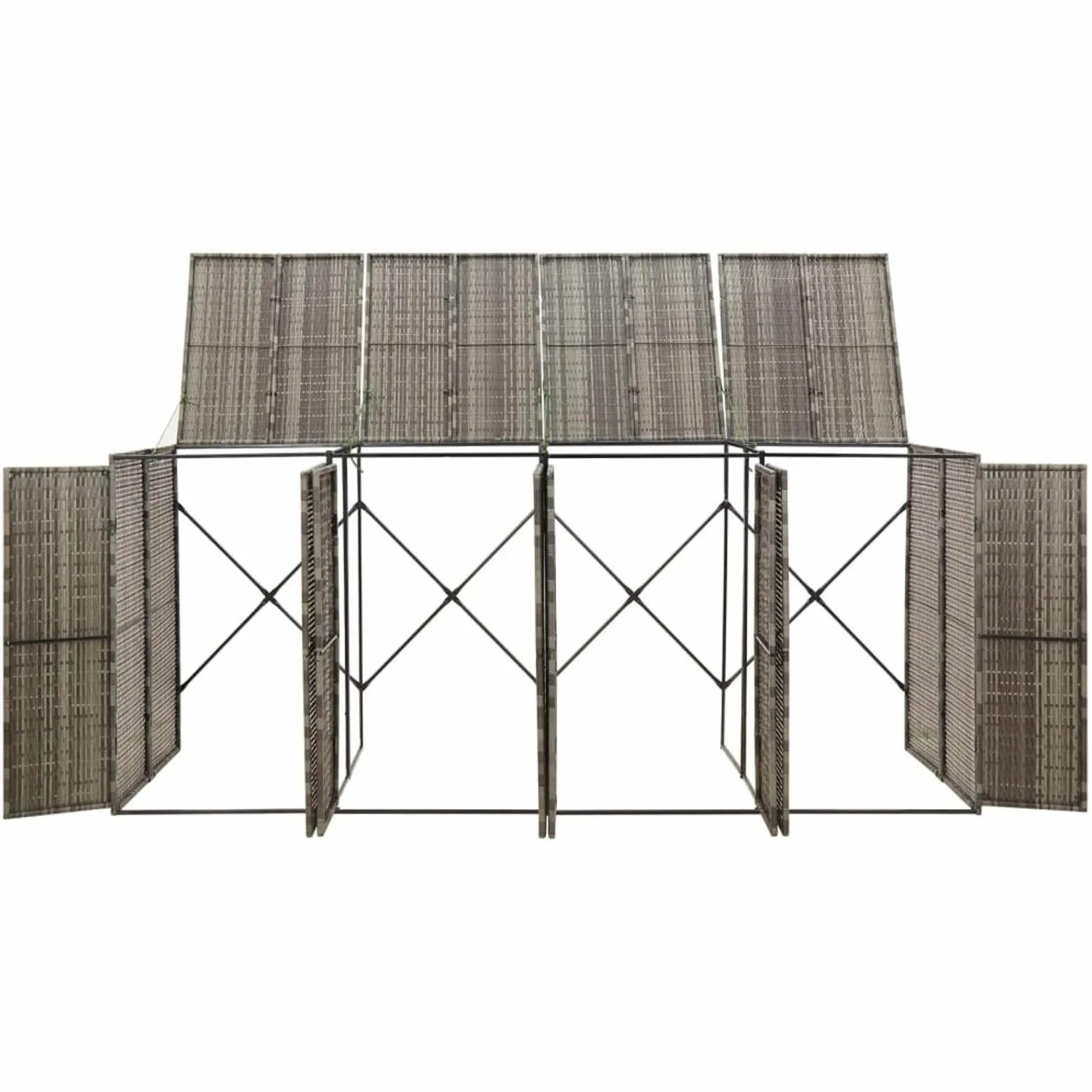 Copribidoni Spazzatura Esterno, Bidoni Spazzatura Esterno, Contenitori Rifiuti Esterno, Porta Bidoni Spazzatura Esterno 4 Bidoni, Copribidone Quadruplo, in Polyrattan Grigio 274x80x117 cm