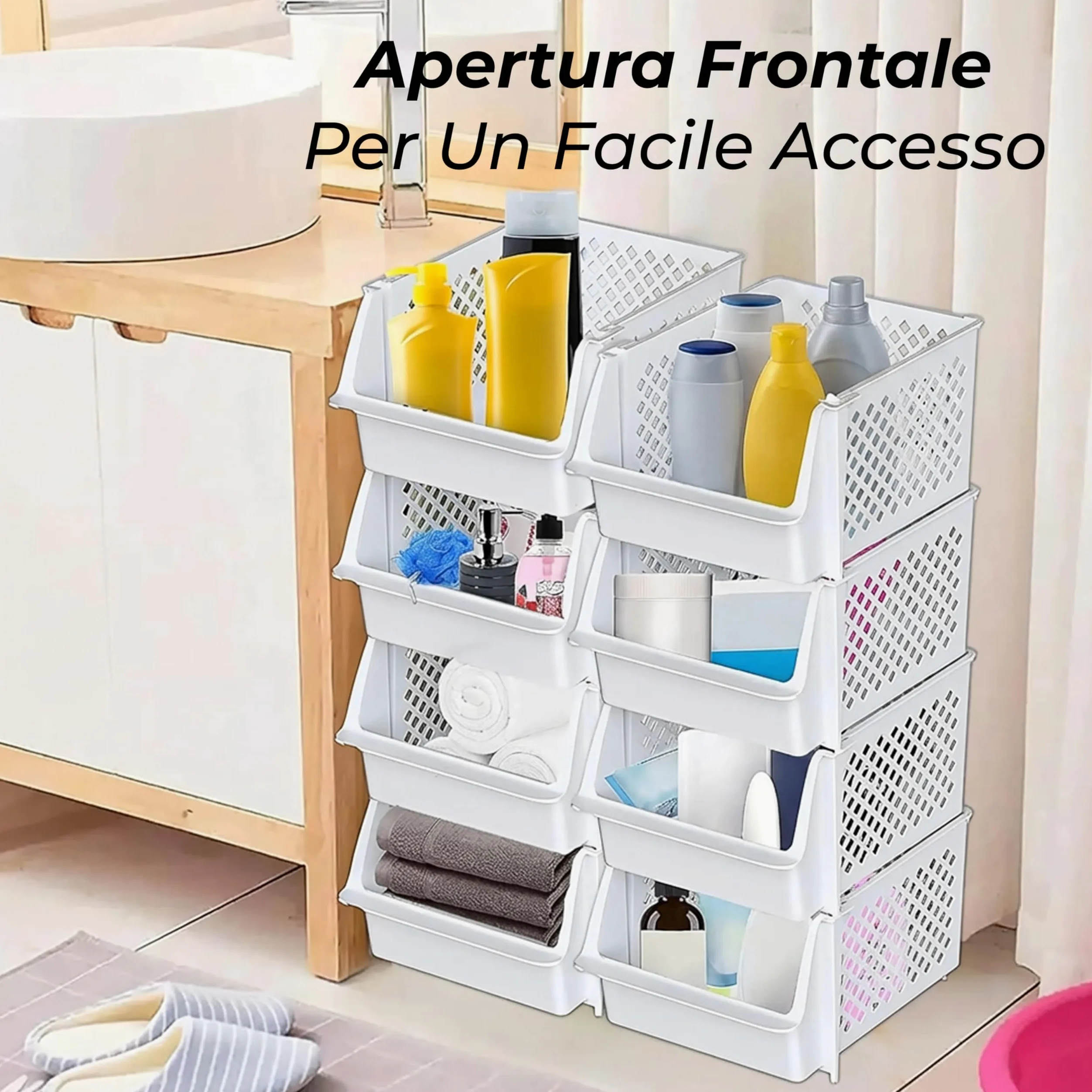 Skywin Contenitori Impilabili Set Da 4, Apertura Frontale | Organizer Dispensa Con Apertura Frontale, Ceste In Plastica Impilabili, Set Da 4, Per Cucina E Garage