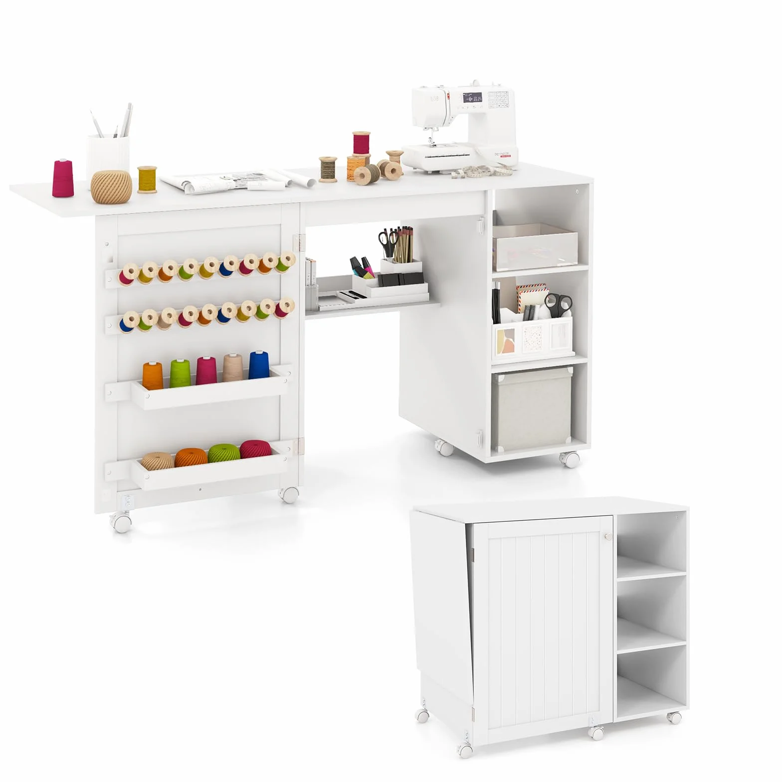 LIFEZEAL Mobile per Macchina da Cucire, Tavolo per Macchina da Cucire, con 4 Ripiani, 6 Ruote, 18 Ganci per Filo, 2 Mensole, Armadietto per Cucito, Salvaspazio, Moderno, Pieghevole, 146x50x78cm, Legno