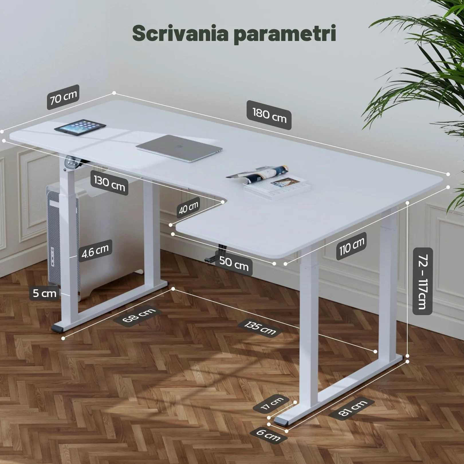Dripex Scrivania regolabile in altezza 180x110cm, Scrivania ad angolo con doppio motore, Standing Desk con 4 gambe per una super stabilità, bianca
