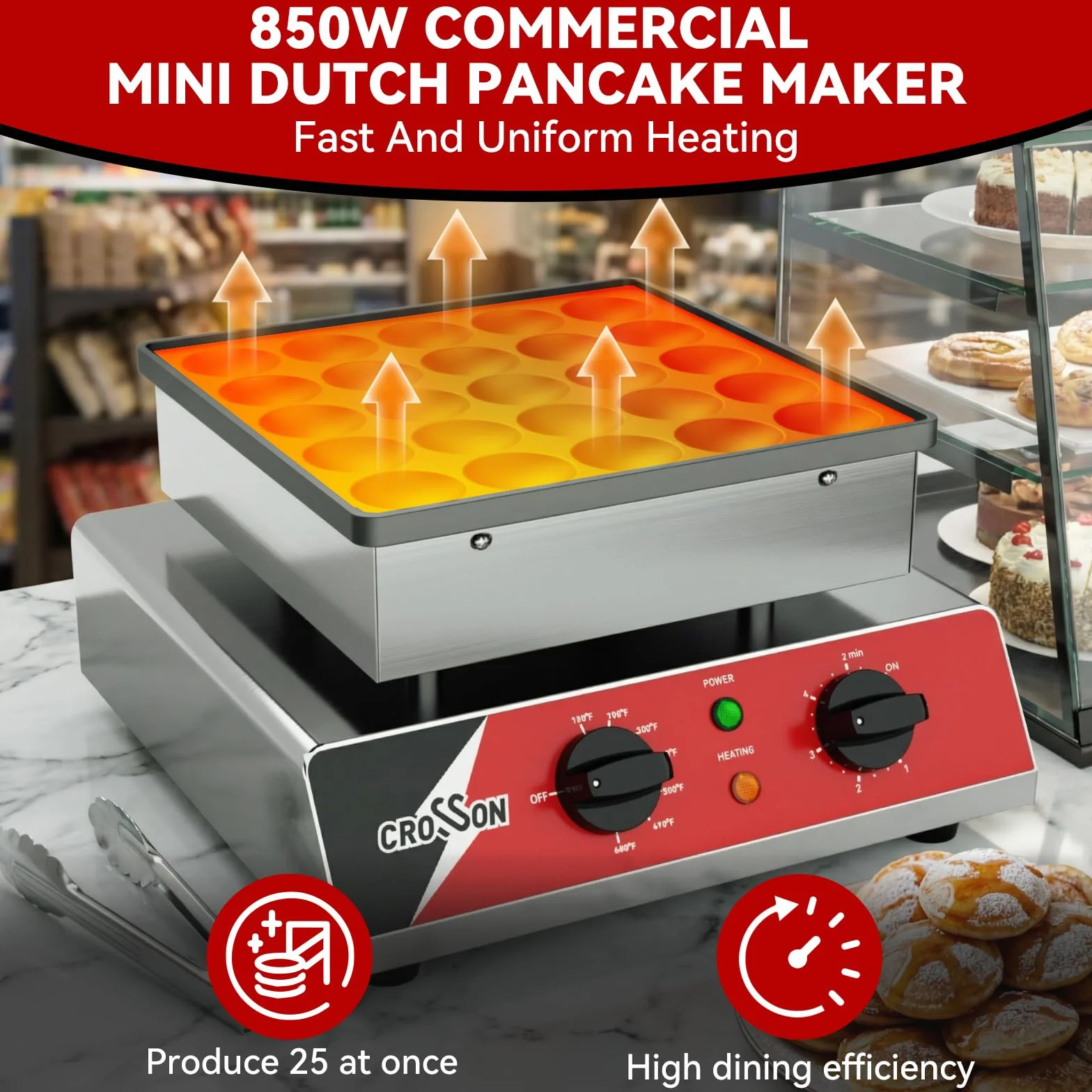 CROSSON Macchina per Mini Pancake 25 Fori 43 mm 850W Antiaderente Controllo Temperatura per Dorayaki Poffertjes Muffin
