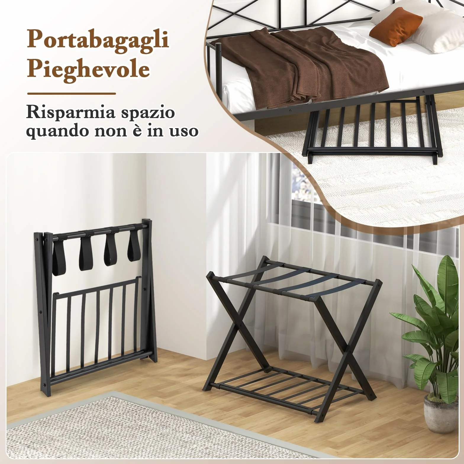 COSTWAY Portavaligie Pieghevole 2 Ripiani, Cavalletto da Valigie w Metal, 68 x 43 x 56 cm, Nero