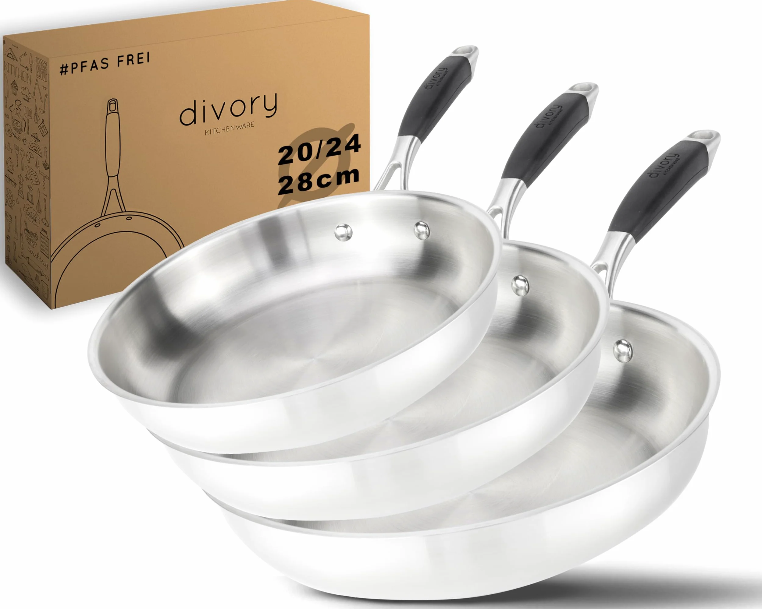 DIVORY Set di padelle in acciaio inox da 20, 24 e 28 cm – Padelle senza rivestimento, prive di PTFE e PFOA, in acciaio inossidabile (PURA)