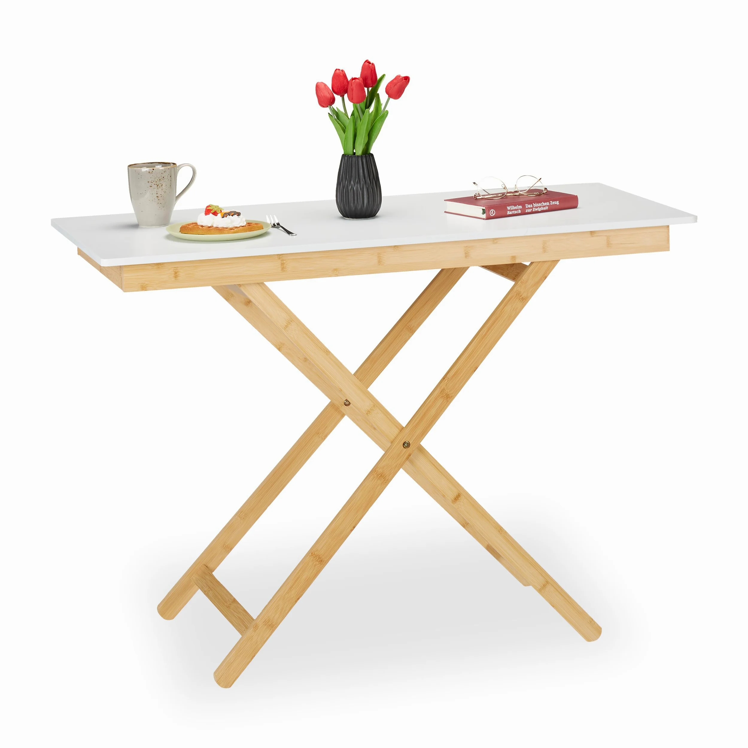 Relaxdays Tavolino Pieghevole da Cucina, Salotto o Balcone, Tavolo da caffè, bambù e MDF, HLP 70x105x50, Bianco Naturale