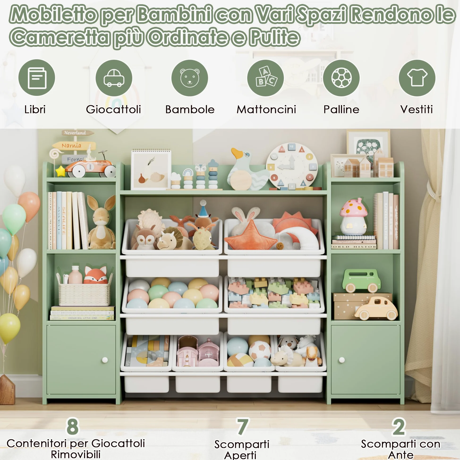FOREHILL Scaffale per Giocattoli con 8 Contenitori Rimovibili in Plastica,Organizzatore Libreria per Bambini con Mensola Aperti, per Camera dei Giochi, 138.8 x94.3x29.6cm (Verde)