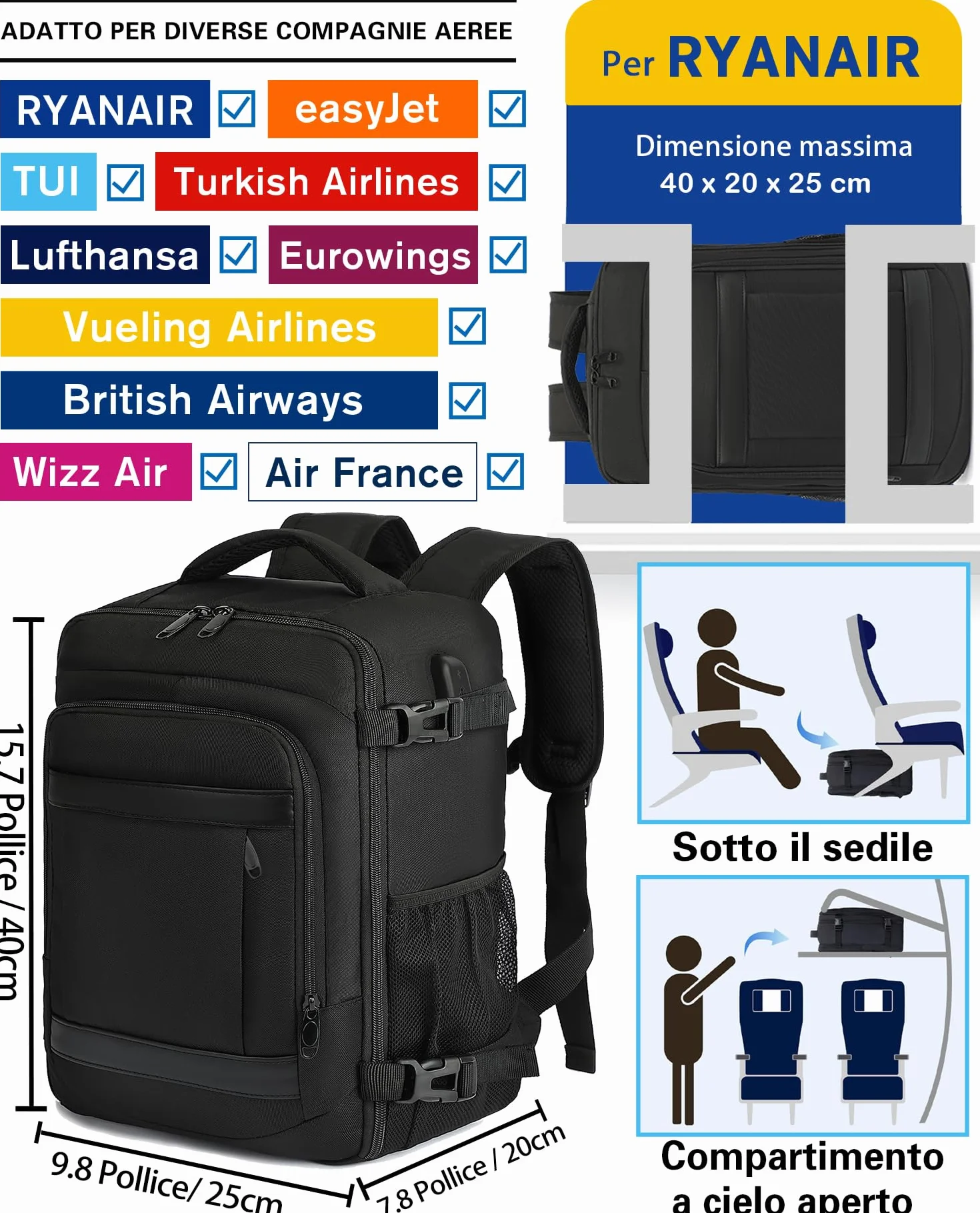 KLOSTAIN Zaino Ryanair 40x20x25 Bagaglio a Mano 20L Borsa da Cabina Nero