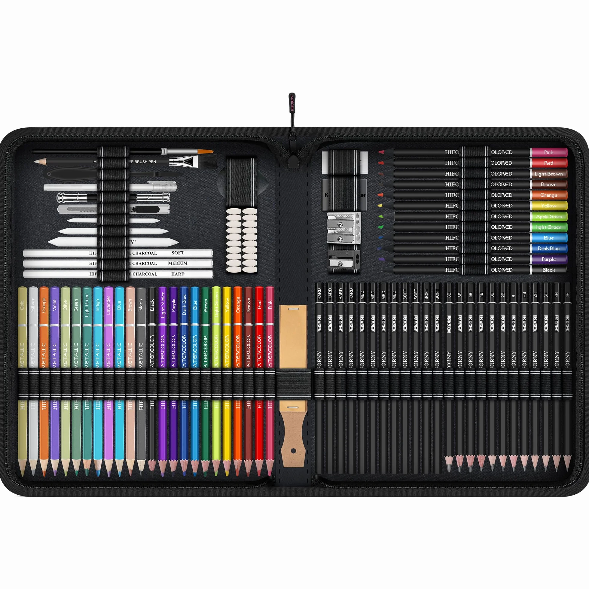 HIFORNY Set da 100 pezzi per disegno e schizzi, forniture artistiche professionali con grafite, carbone, colorate, acquerelli, matite metalliche, strumenti di miscelazione, album da disegno e libro da