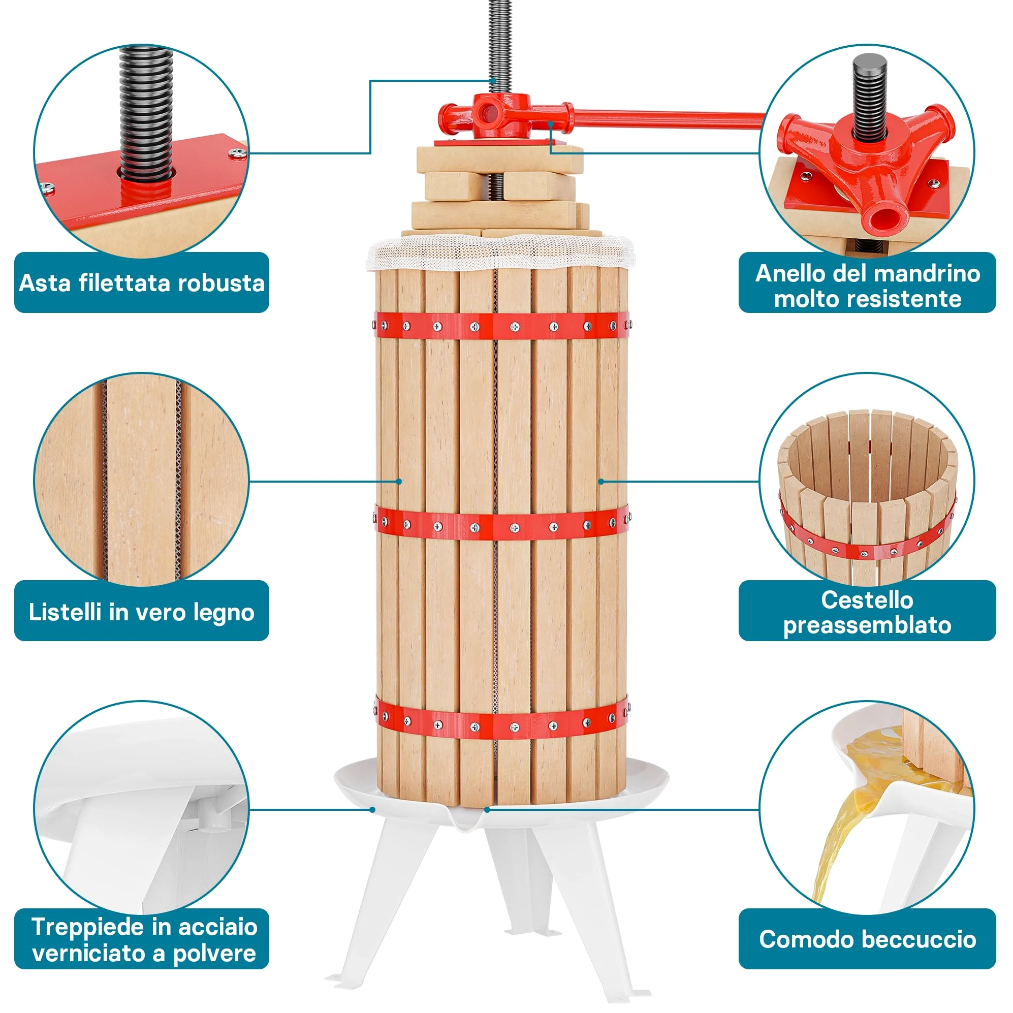 Wiltec Torchio Frutta da 30 l con Gabbia in Legno e 3 Sacchi di spremitura, Torchio a Leva