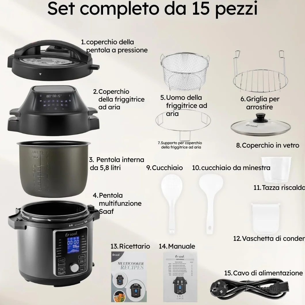 Saaf Multicooker con Airfryer 6L Set 15 Pezzi 24 Programmi Slowcooker Digitale