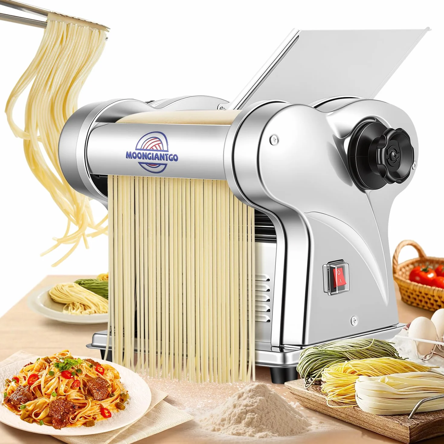 Moongiantgo Macchina per la Pasta Elettrica Pasta Macchina Fresca Acciaio Inox con Lame da 1,5 mm Fine e 4 mm Piatta, 9 Grado di Spessore Regolabile 0,3-3mm, Per Fettuccine, Tagliolini, Spaghetti