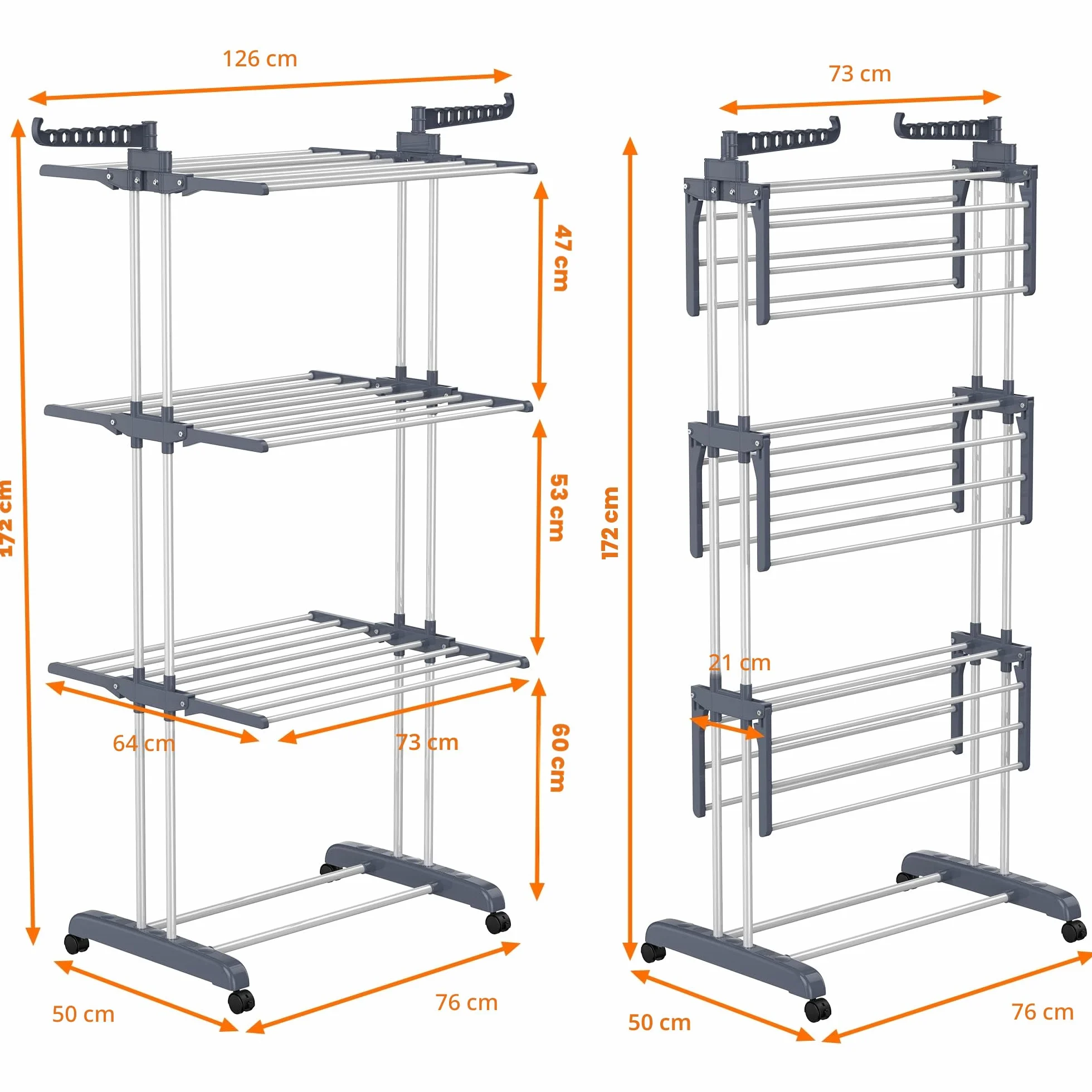 HOMIDEC Stendino 4 Livelli Verticale Allungabile con Ruote Acciaio Inossidabile Grigio