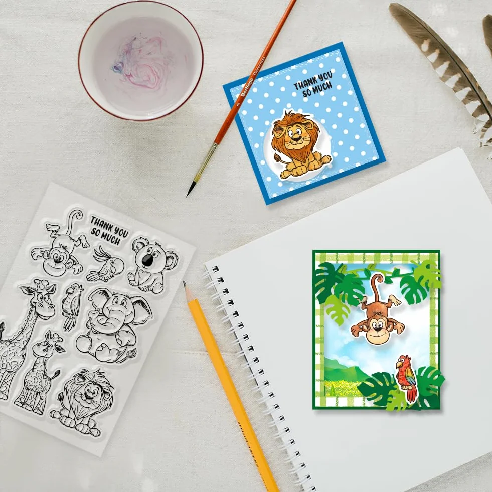 GLOBLELAND Timbri trasparenti con animali selvatici, elefante, leone, giraffa, in silicone, sigilli, scimmia, koala, uccello, francobolli trasparenti per fai da te, album fotografici, diari