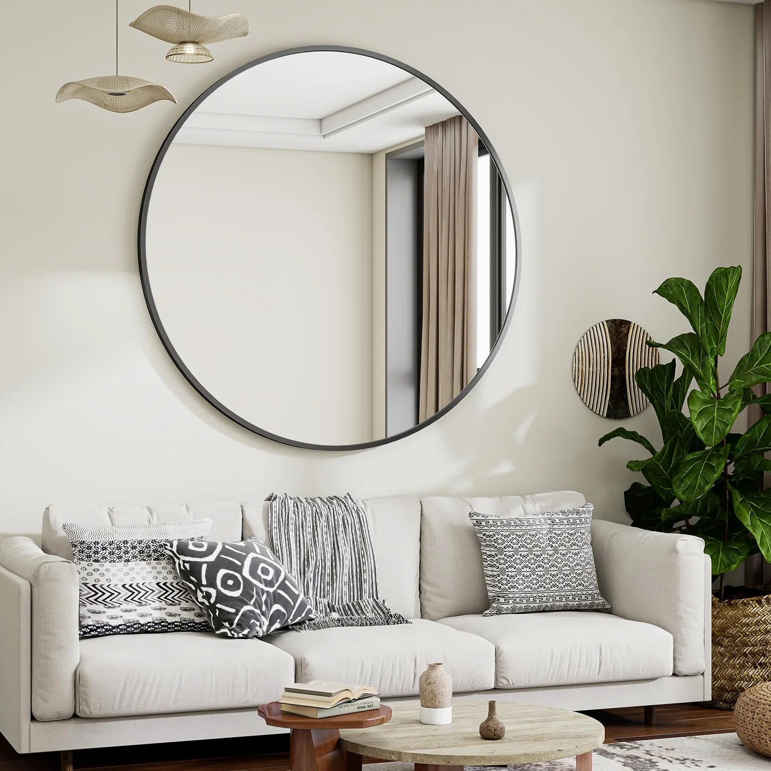 Koonmi Specchio rotondo grande 106 cm nero, specchio da parete rotondo con telaio in lega di alluminio per bagno, lavandino, soggiorno, camera da letto, decorazione da parete d'ingresso