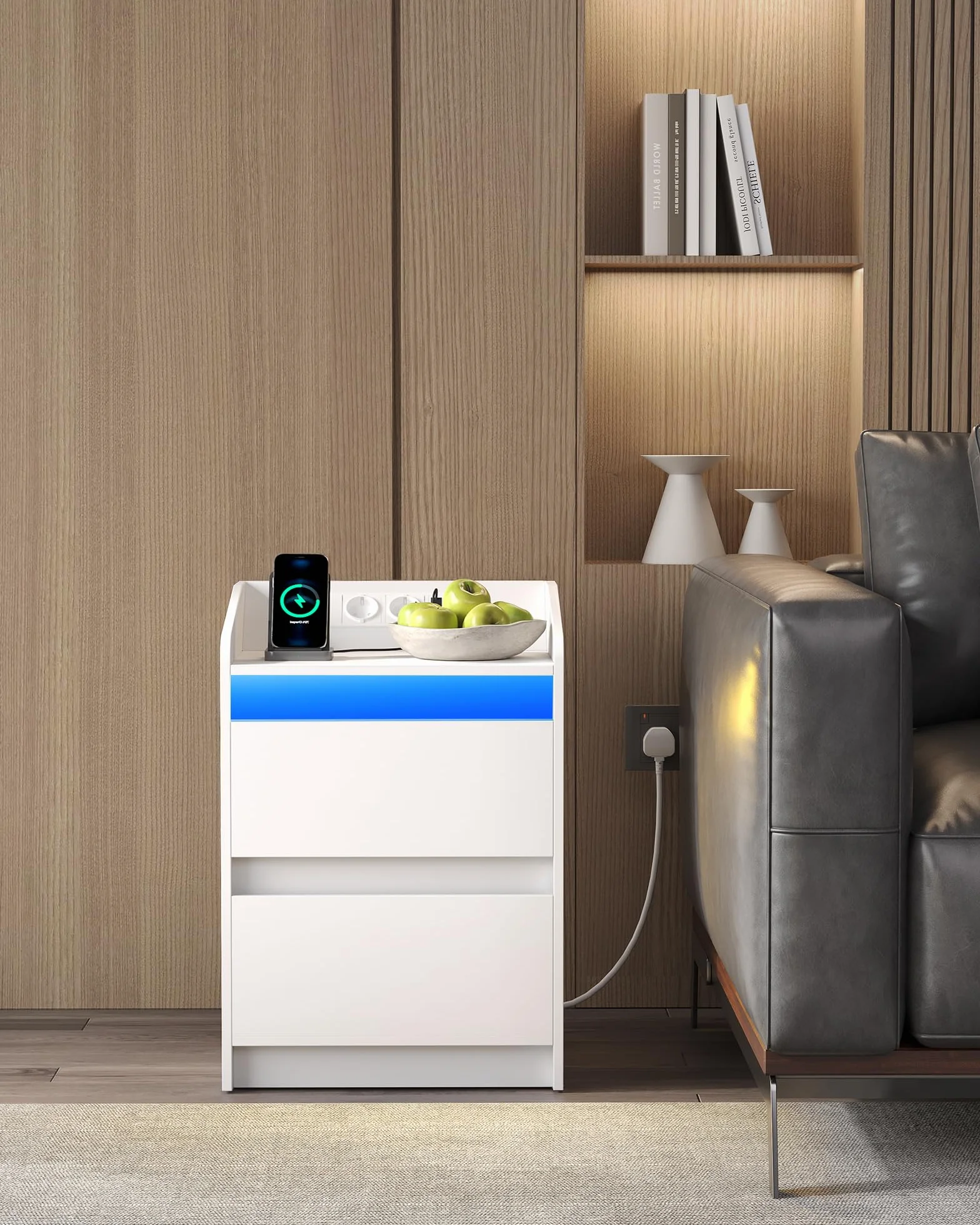 Hzuaneri Comodini set di 2,Luci a LED, Stazione di Ricarica e 2 Cassetti | Tavolino da Notte con Porte USB e Prese di Corrente, Ideale per Soggiorno e Camera da Letto, Bianco NS30103X