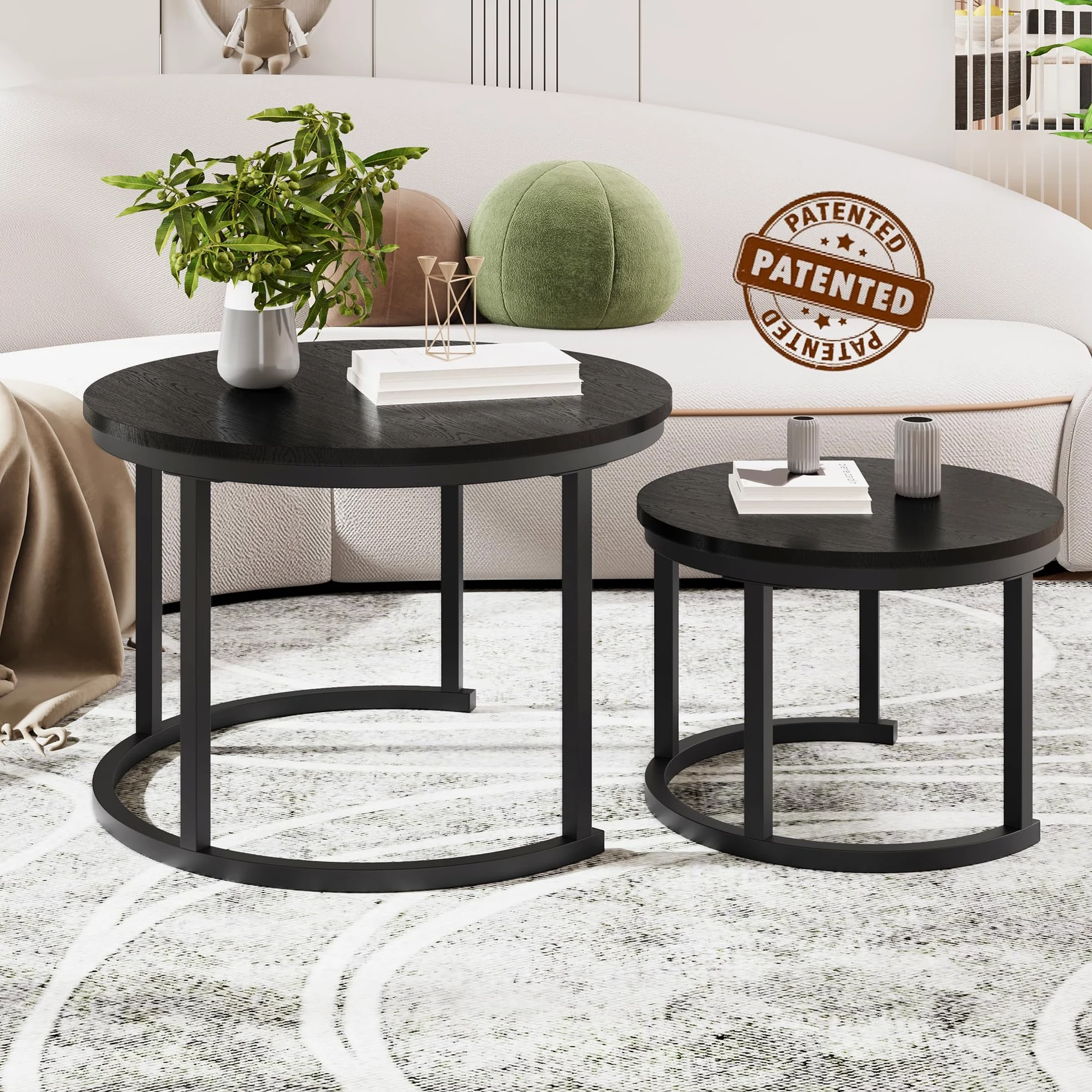 HOMERECOMMEND Tavolino rotondo, set da 2 pezzi, tavolino da salotto in legno, moderno, con struttura in metallo, per soggiorno, balcone, nero