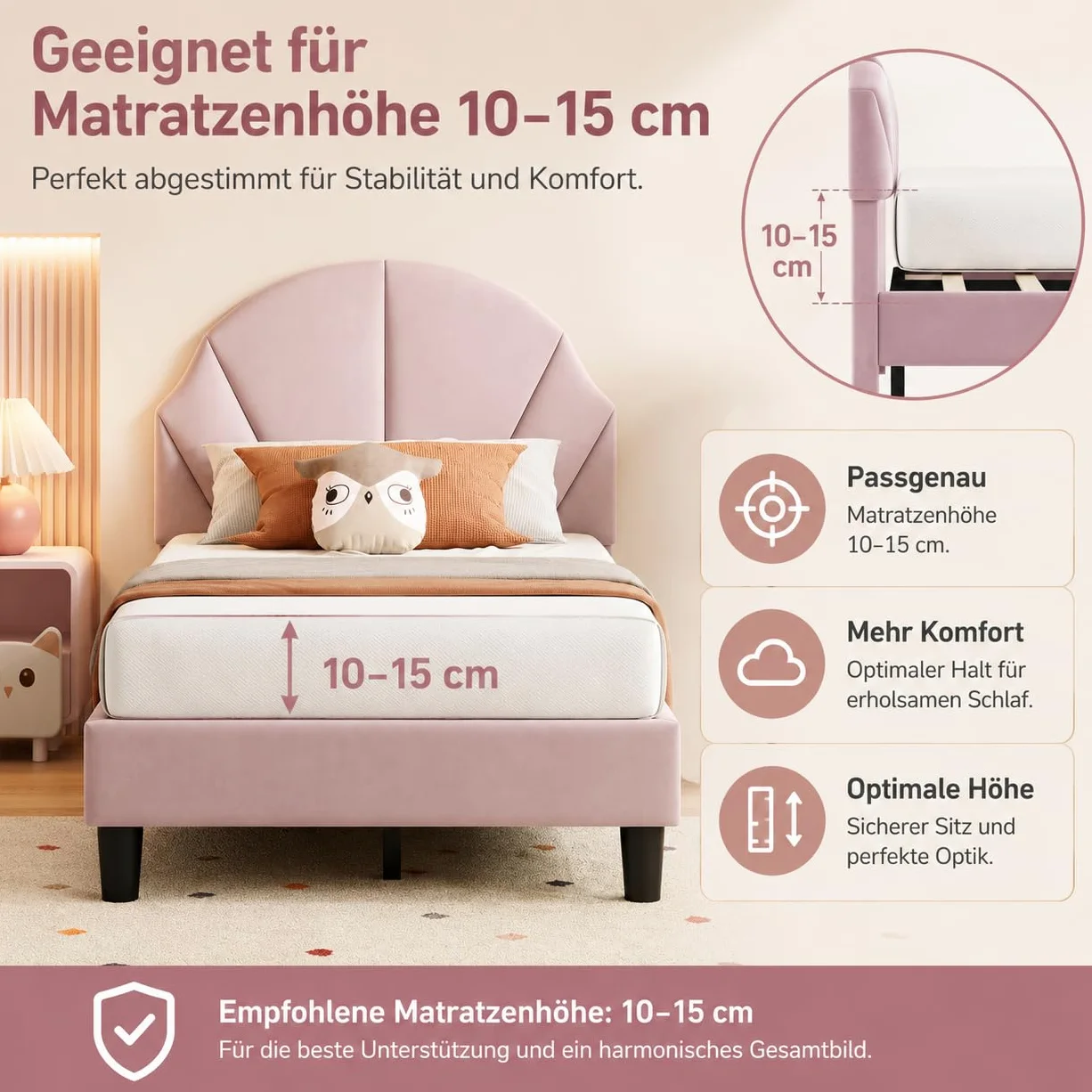 Letto singolo 90 x 200 cm, letto per bambini imbottito con rete a doghe per bambina, letto giovane imbottito con testiera regolabile per cameretta dei bambini, senza materasso